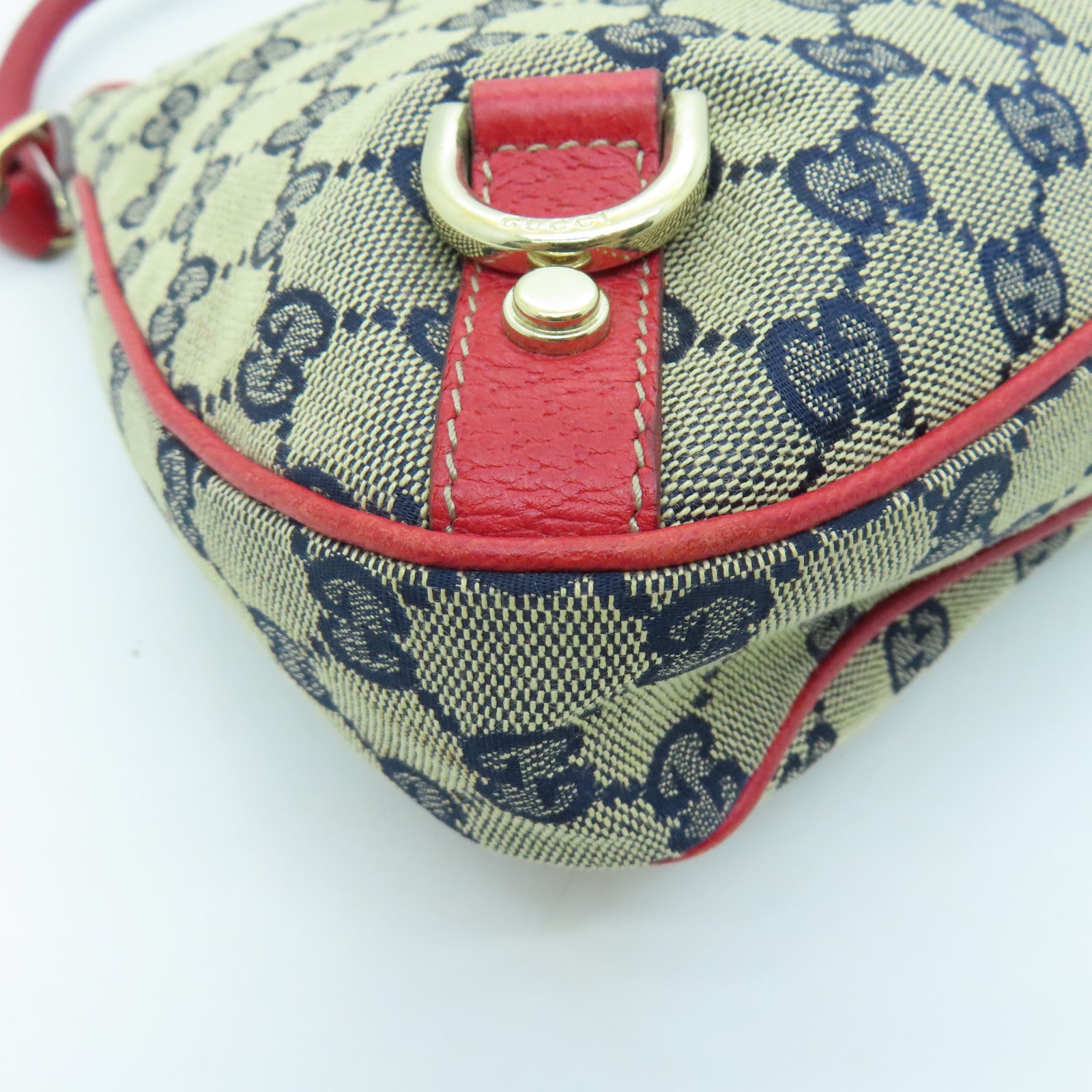 GUCCI Canvas Shoulder Bag Gold Buckle Blue/Red