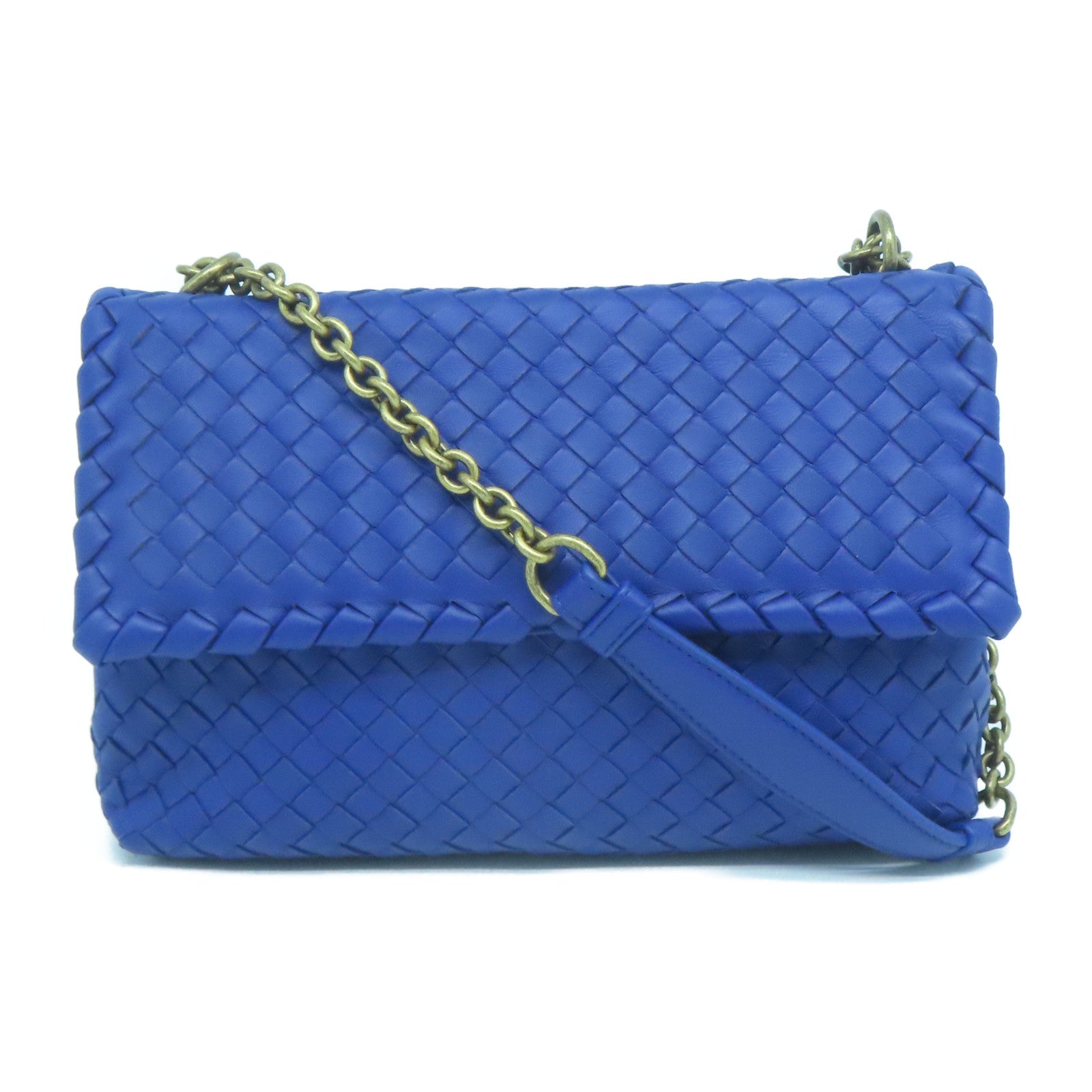 BOTTEGA VENETA 織紋皮革Shoulder Bag金扣鏈帶肩背袋藍色