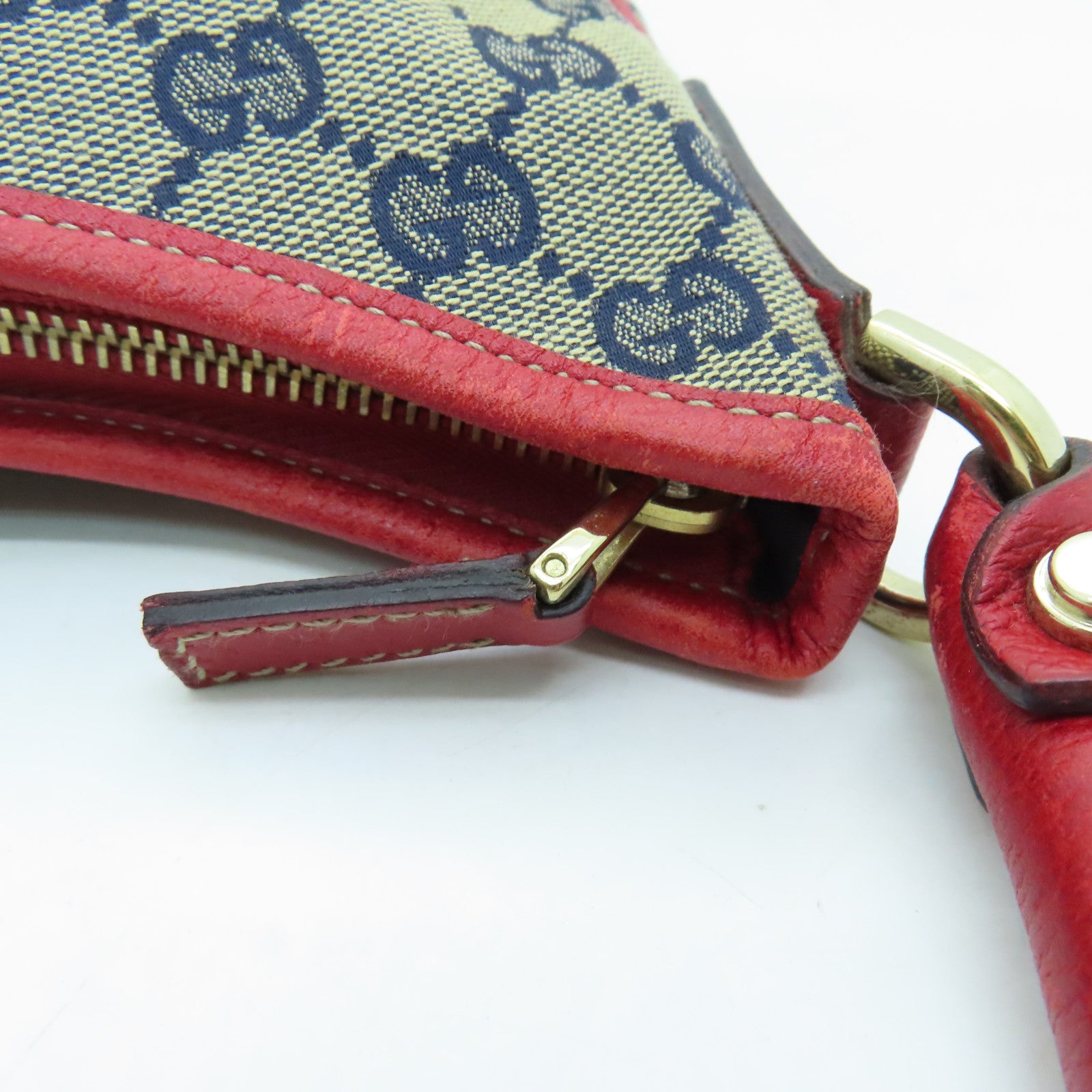 GUCCI Canvas Shoulder Bag Gold Buckle Blue/Red