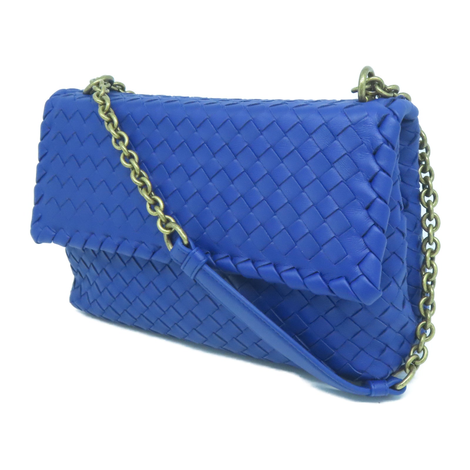 BOTTEGA VENETA 織紋皮革Shoulder Bag金扣鏈帶肩背袋藍色