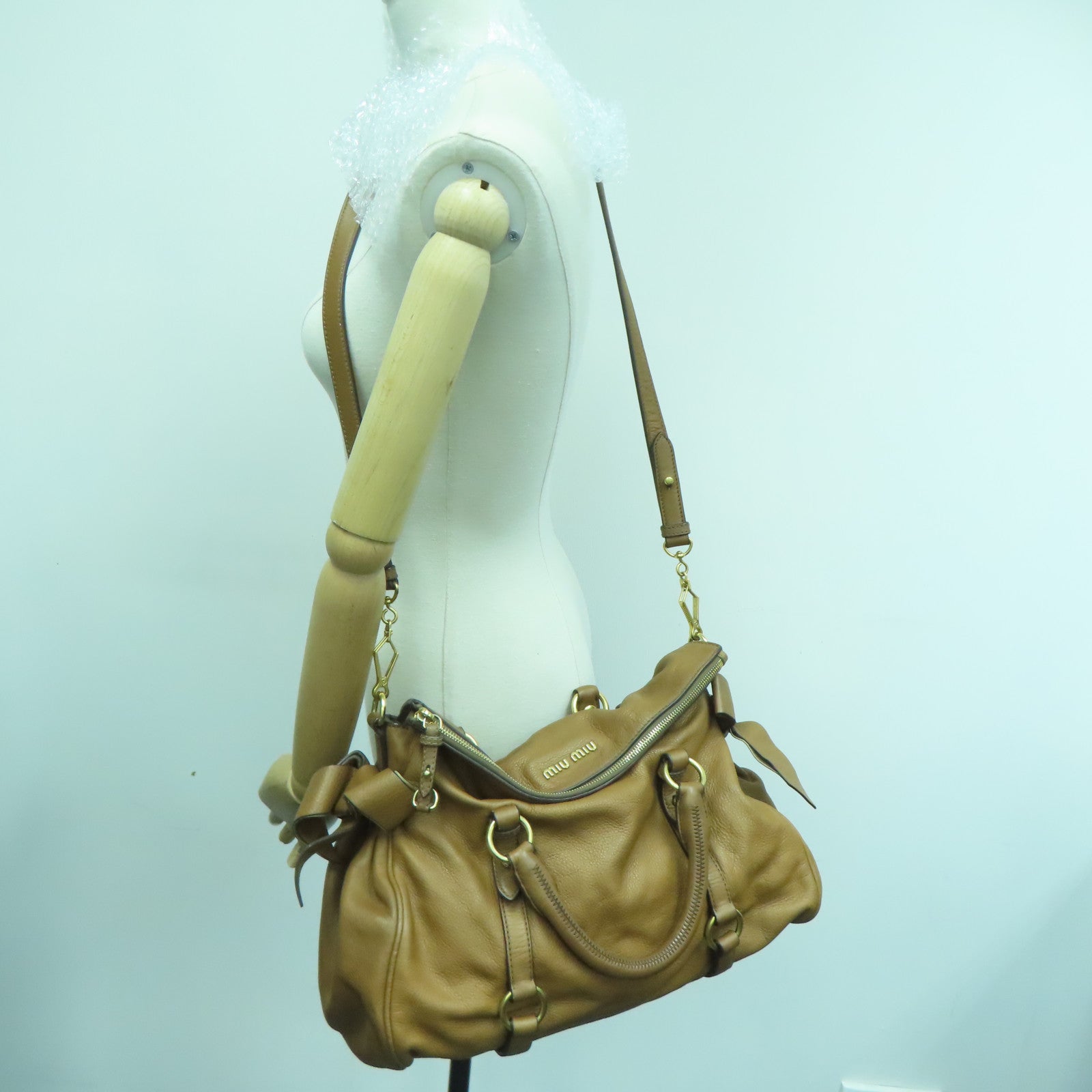 Miu Miu Cowhide Leather 2Way Shoulder Gold Buckle Handle Shoulder Bag Brown