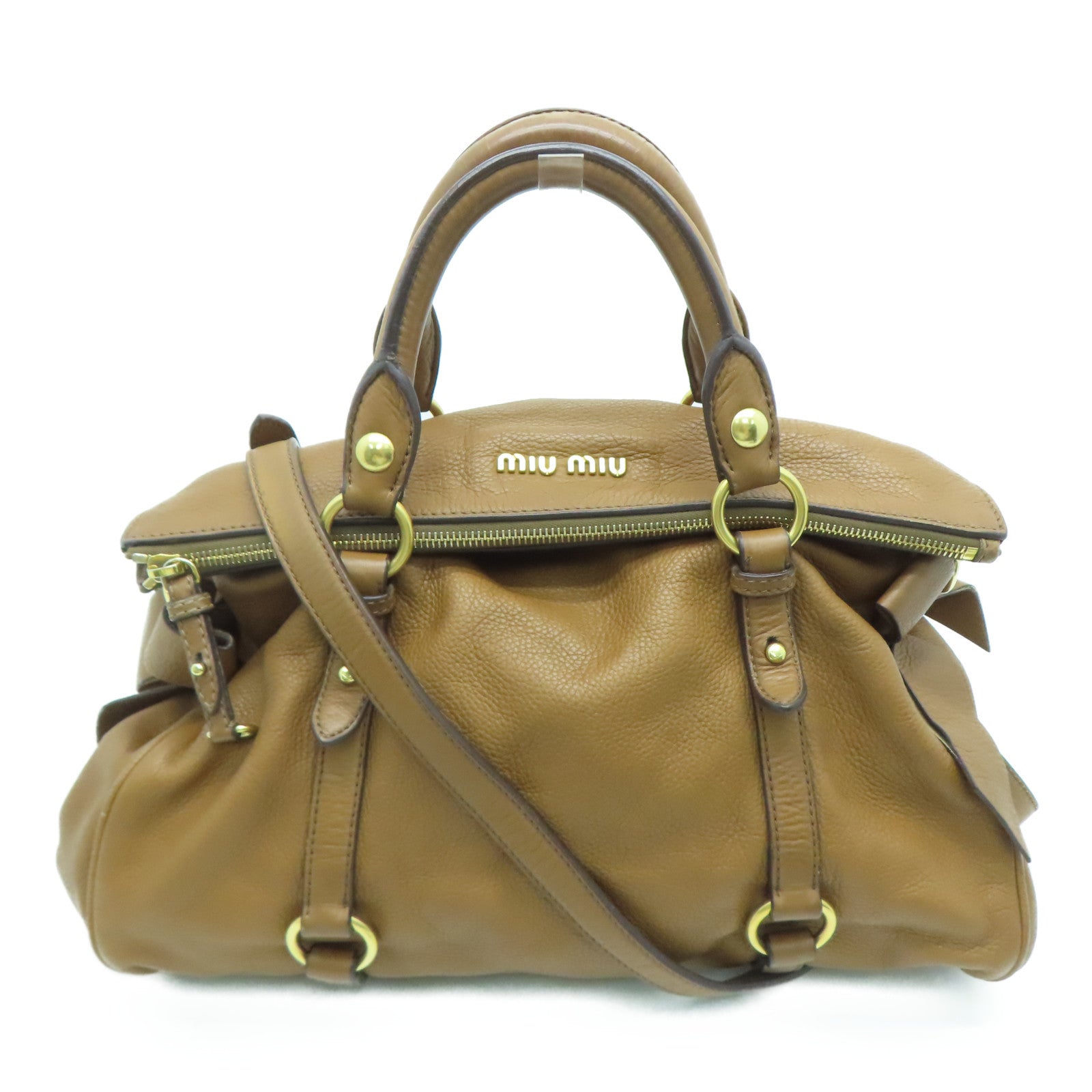 Miu Miu Cowhide Leather 2Way Shoulder Gold Buckle Handle Shoulder Bag Brown