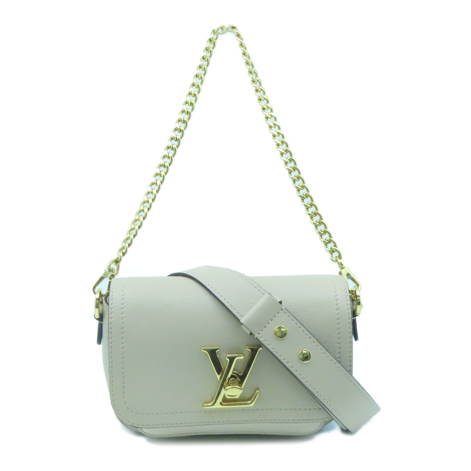 LOUIS VUITTON Leather Lockme Tender Gold Buckle Shoulder Bag Beige