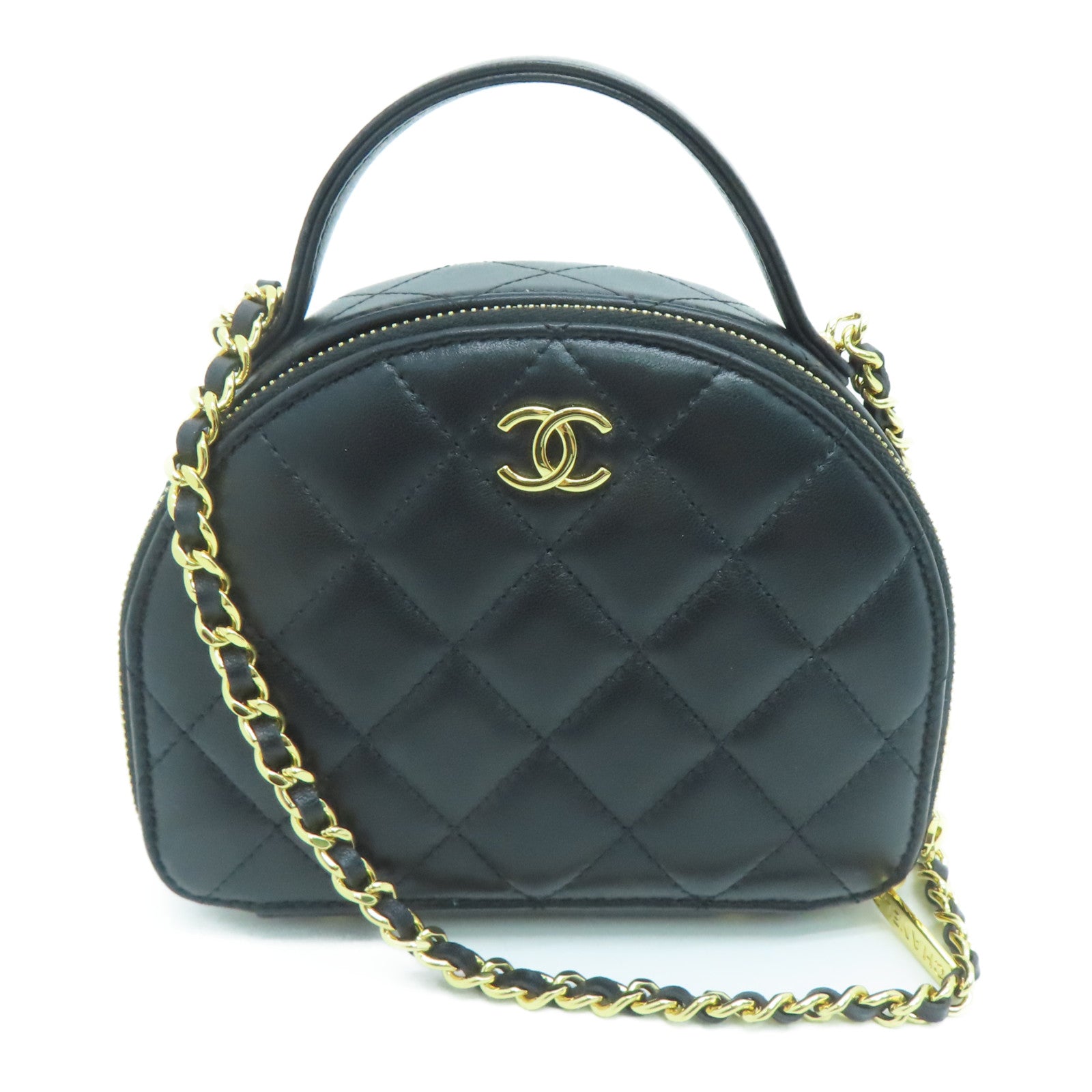 CHANEL 菱格羊皮皮革Chain Shoulder金扣鏈帶肩背袋黑色