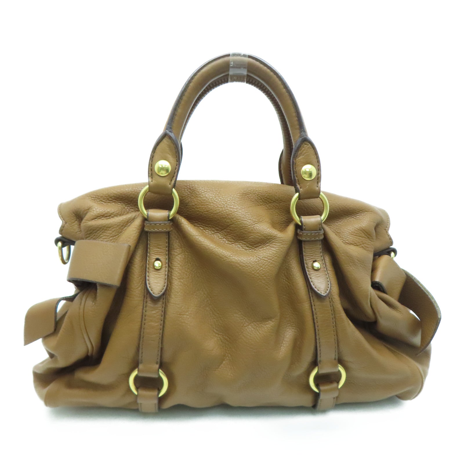 Miu Miu Cowhide Leather 2Way Shoulder Gold Buckle Handle Shoulder Bag Brown