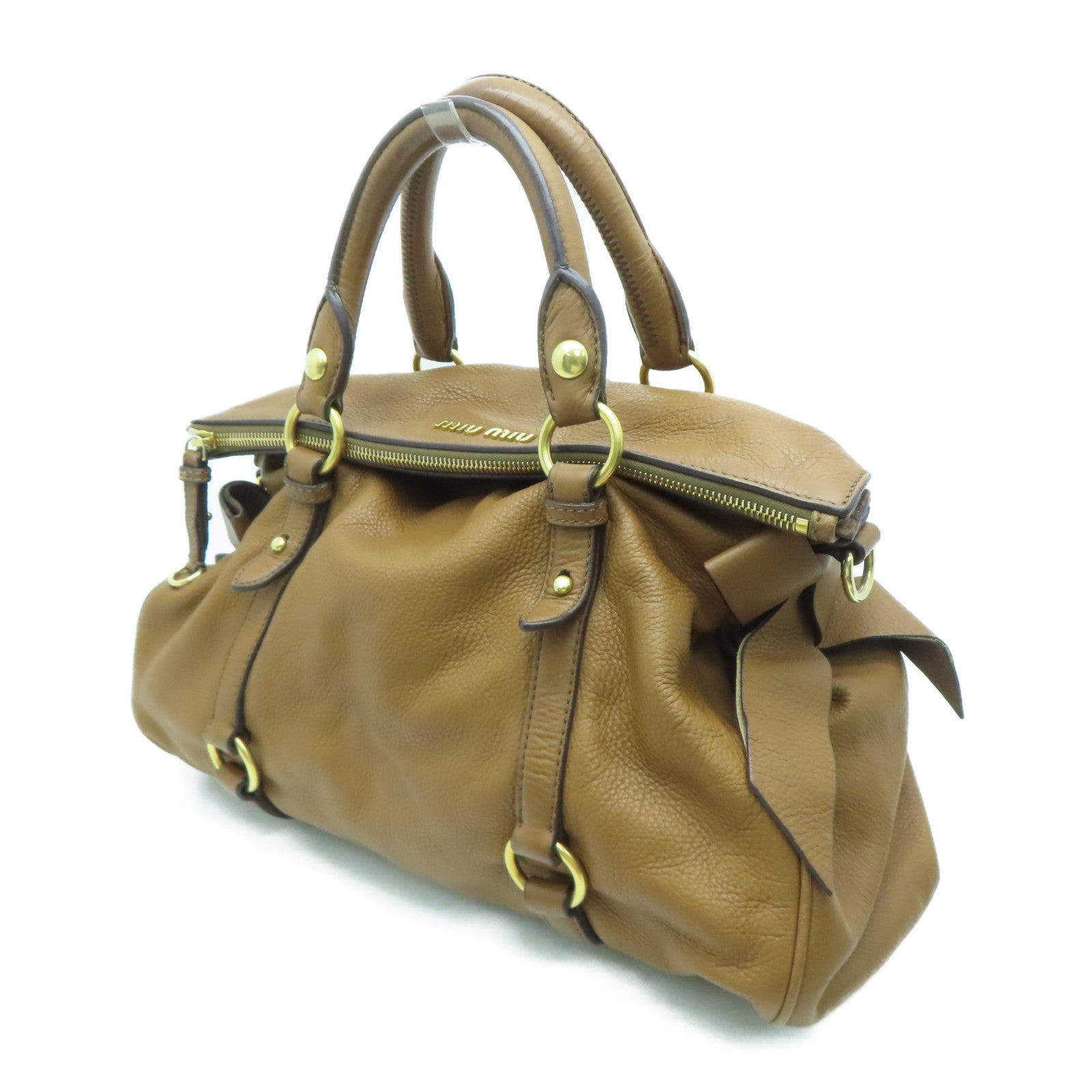 Miu Miu Cowhide Leather 2Way Shoulder Gold Buckle Handle Shoulder Bag Brown