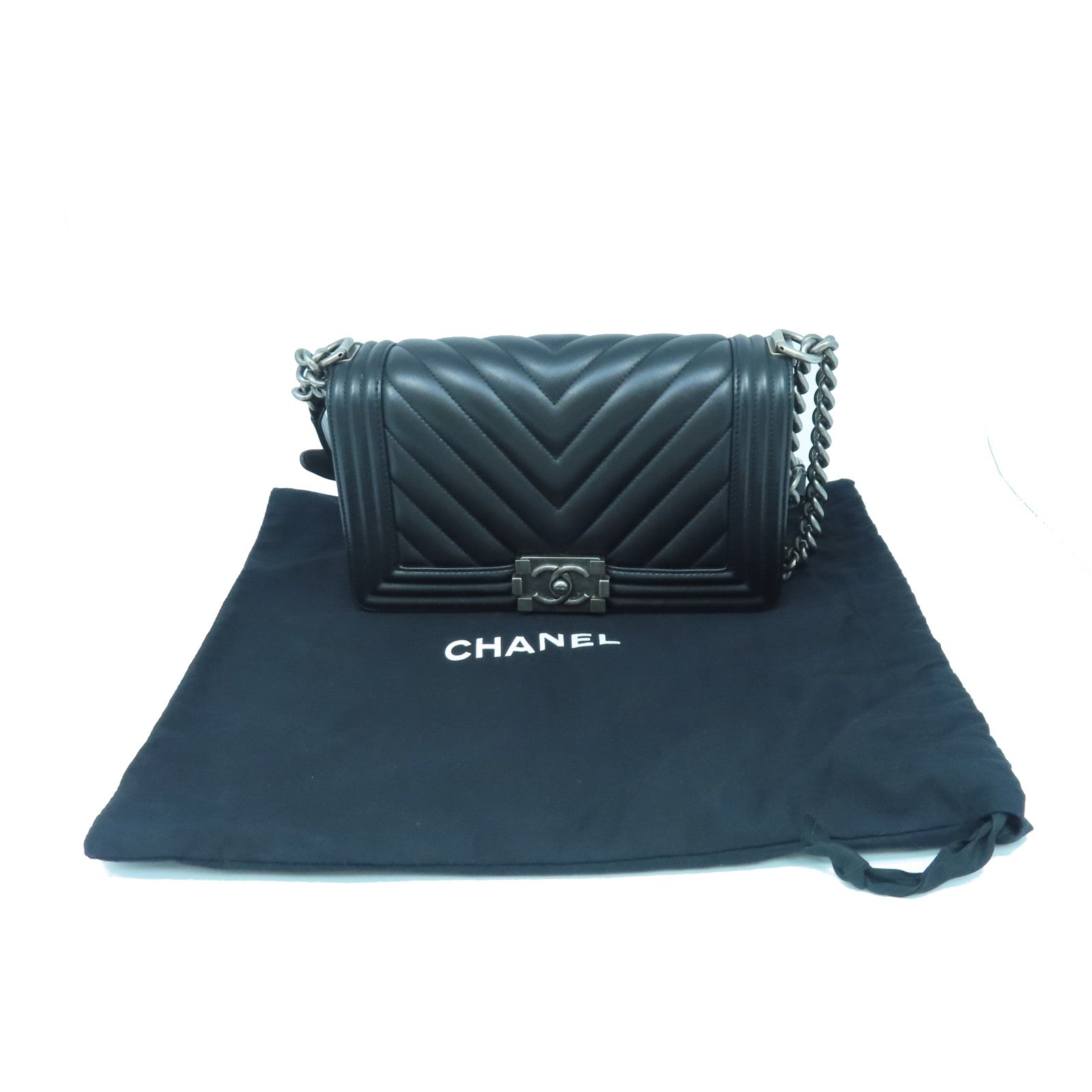 CHANEL Twill Sheepskin Leather Boy 25 Silver Buckle Shoulder Bag Black