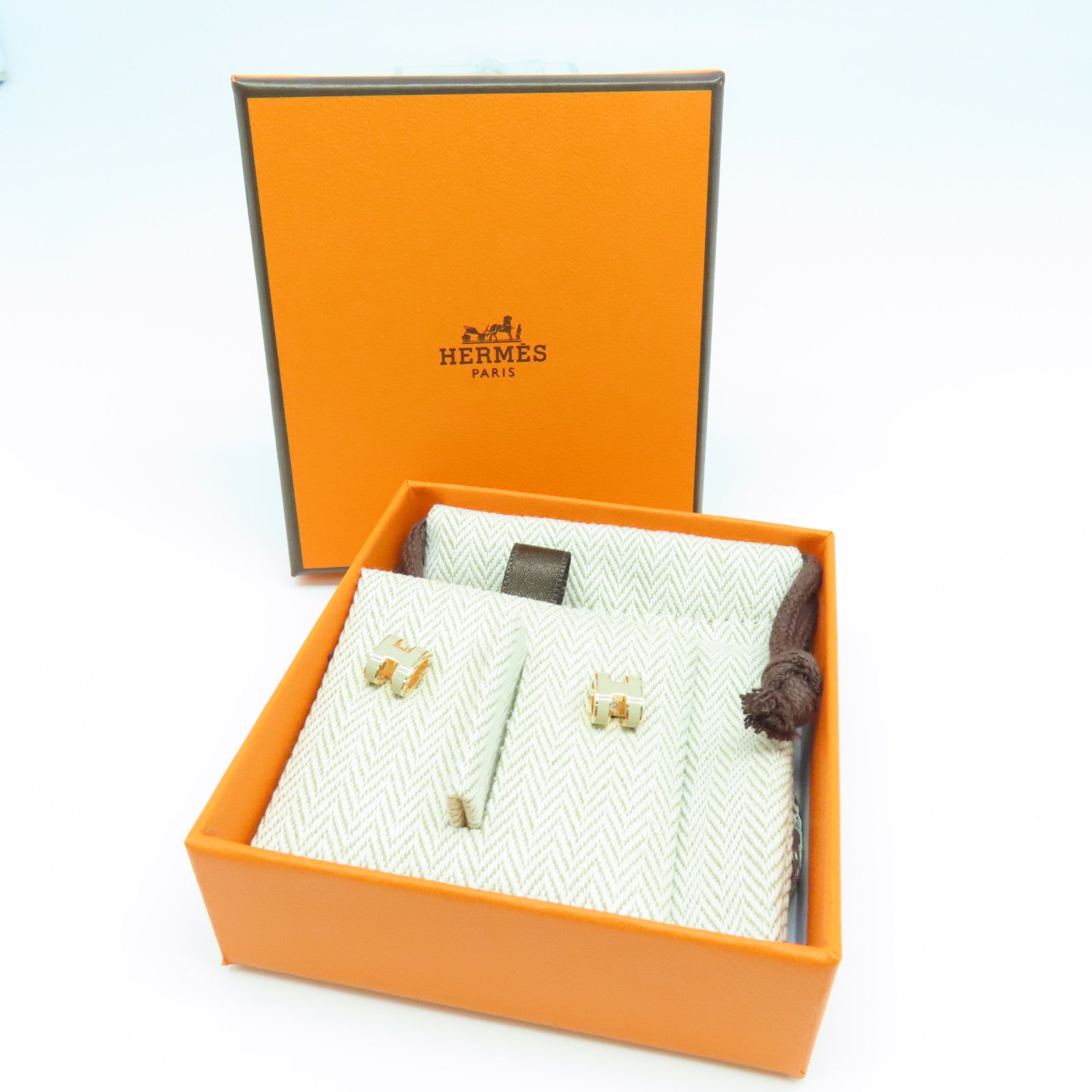 HERMES 金屬Mini Pop H Earrings粉金扣耳環白色