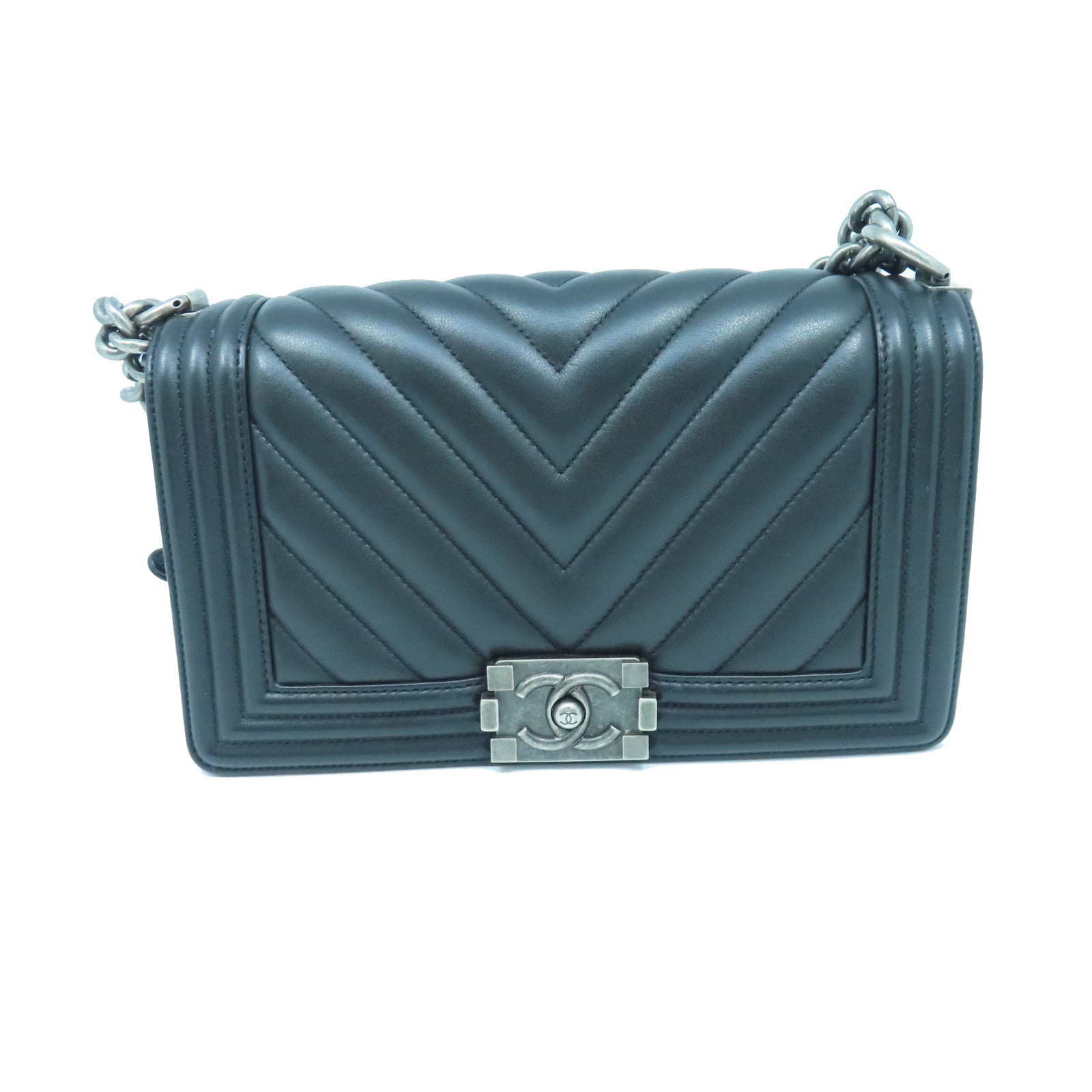 CHANEL Twill Sheepskin Leather Boy 25 Silver Buckle Shoulder Bag Black