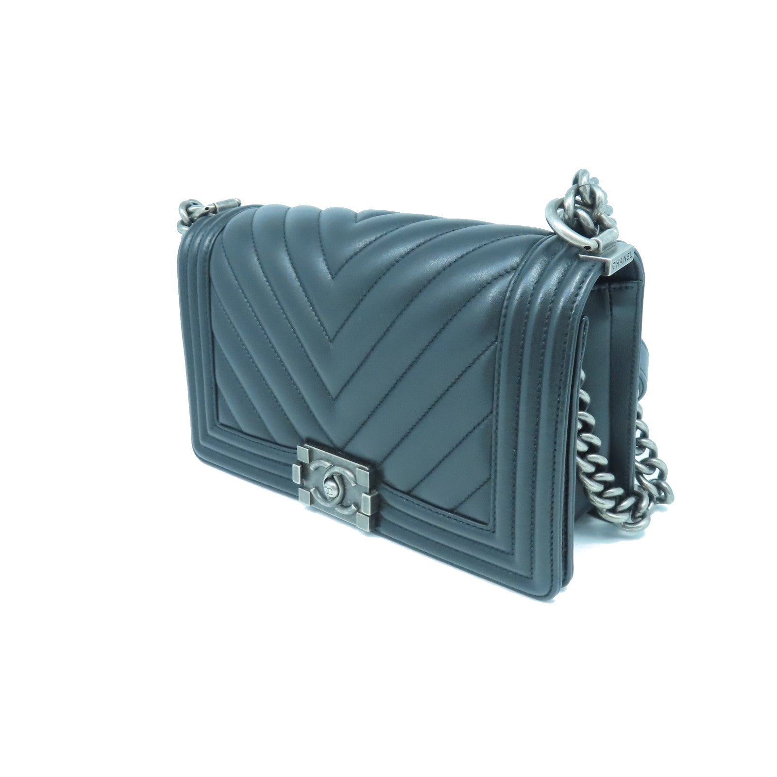 CHANEL Twill Sheepskin Leather Boy 25 Silver Buckle Shoulder Bag Black