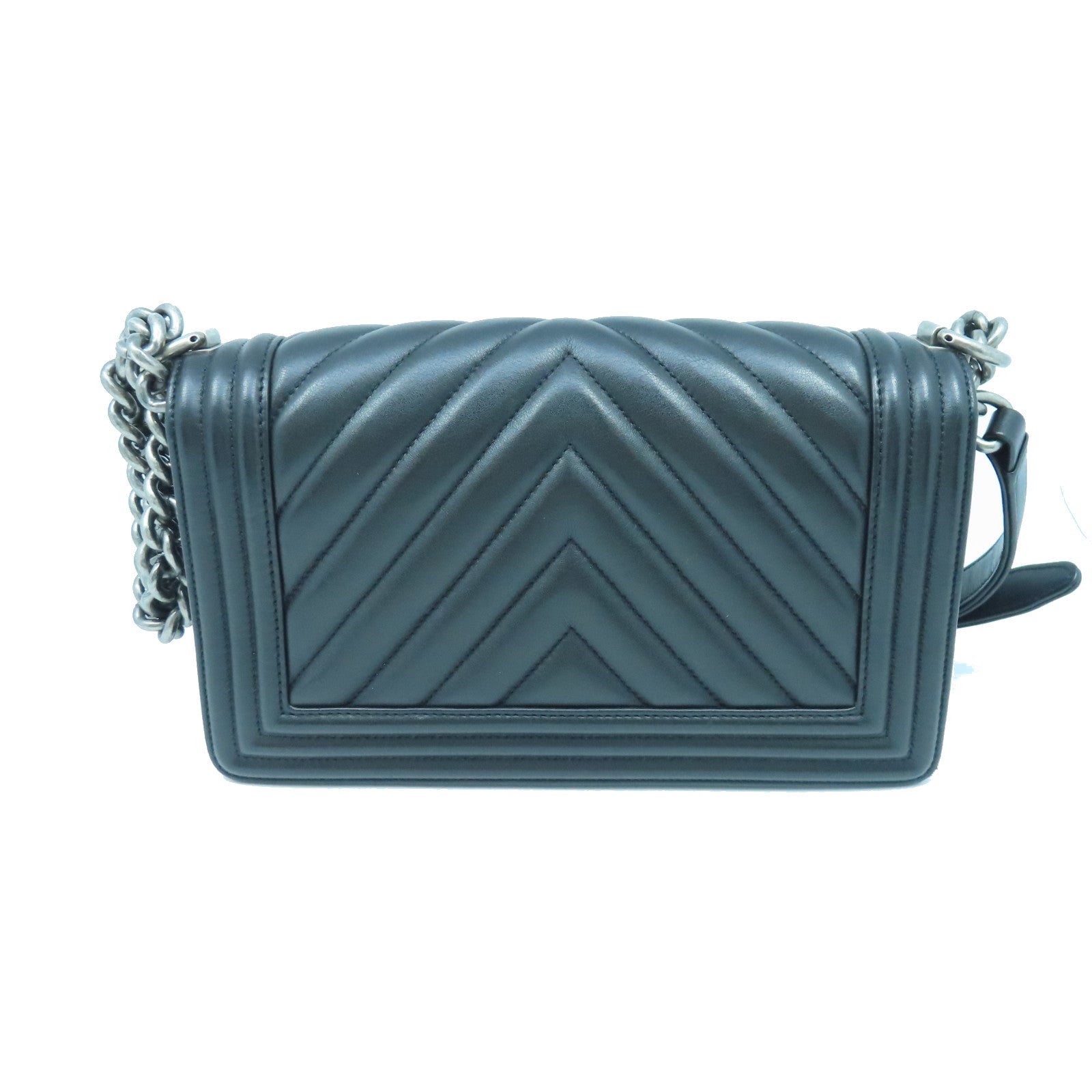 CHANEL Twill Sheepskin Leather Boy 25 Silver Buckle Shoulder Bag Black