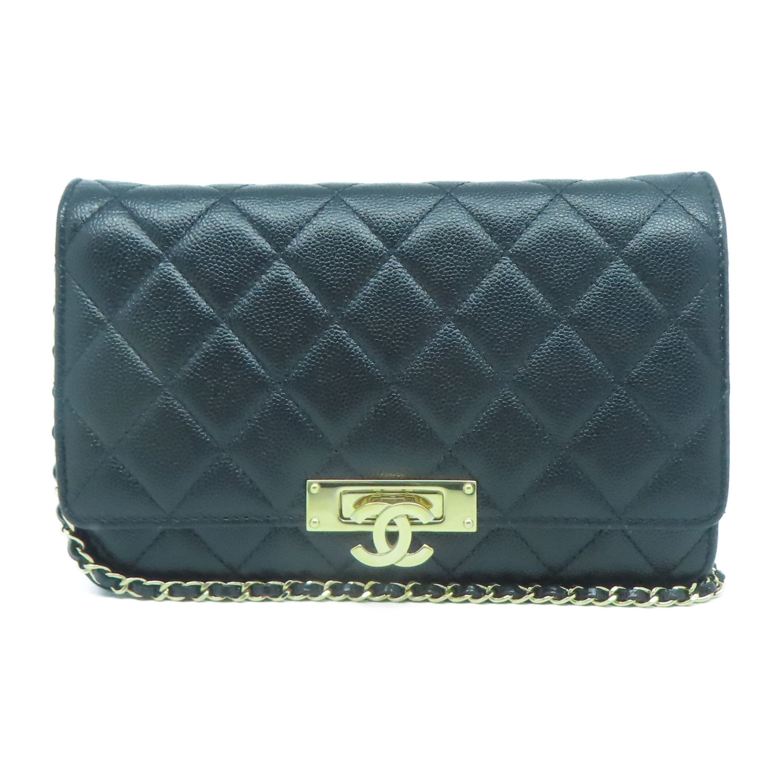 CHANEL 菱格牛皮皮革Chain Shoulder金扣鏈帶肩背袋黑色