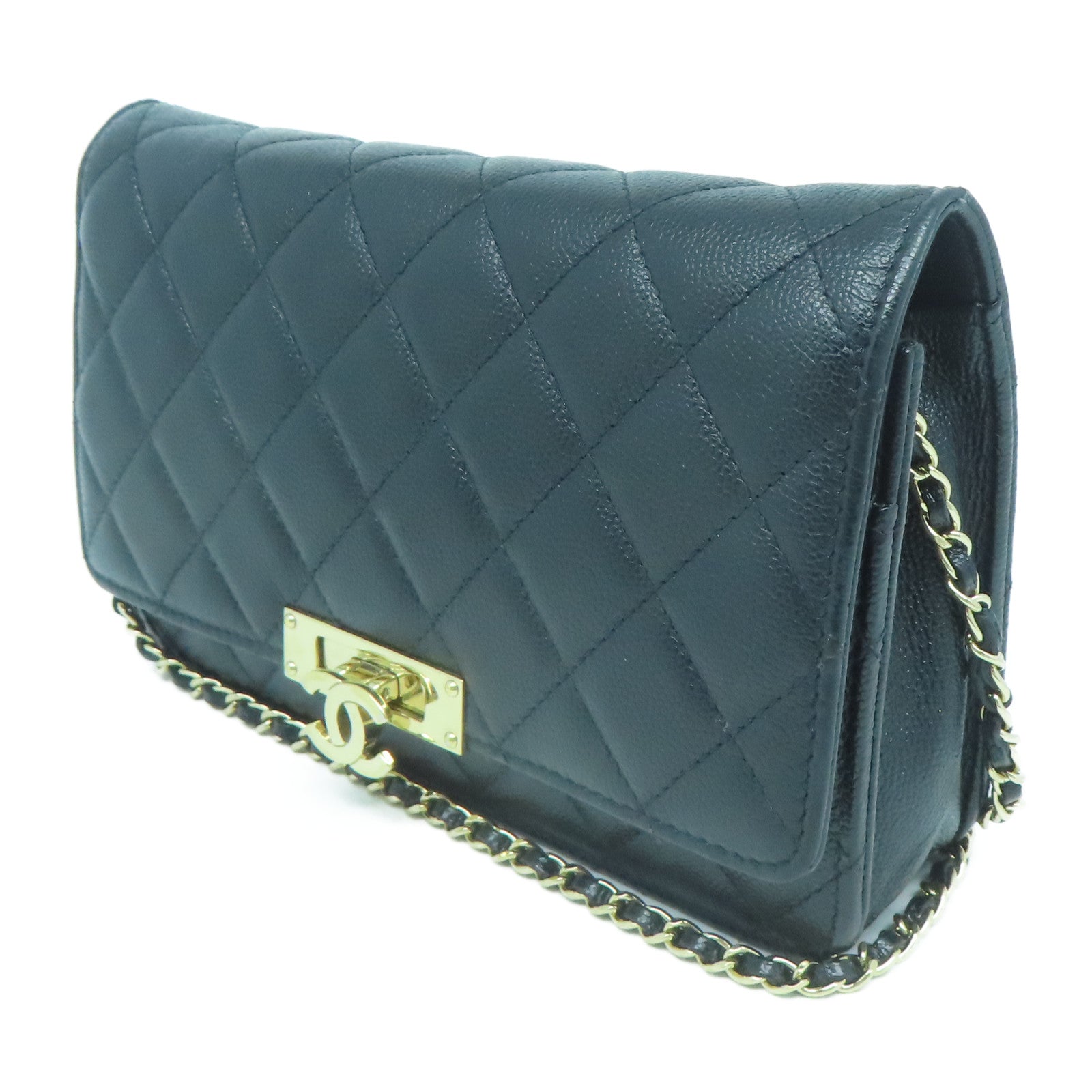 CHANEL 菱格牛皮皮革Chain Shoulder金扣鏈帶肩背袋黑色