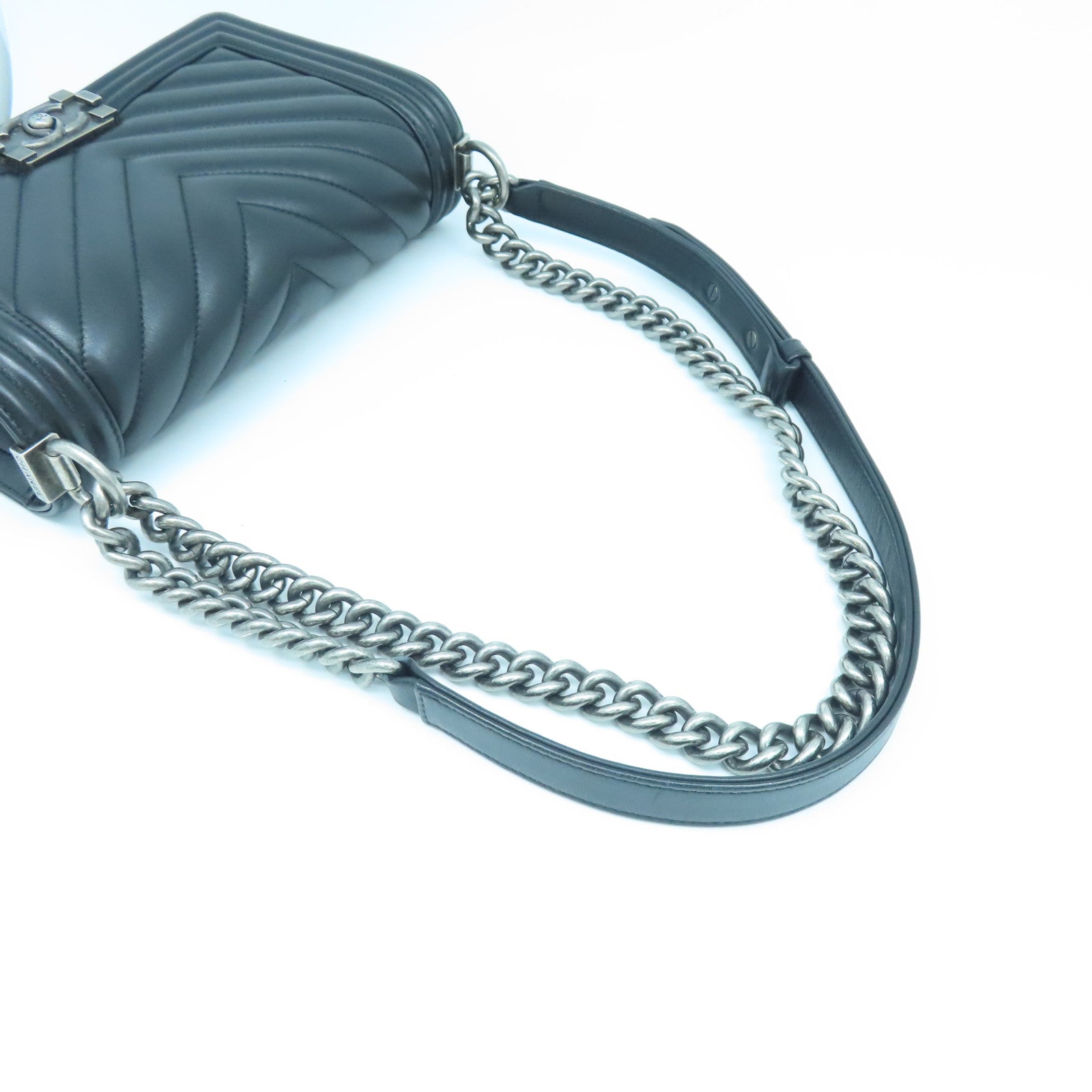 CHANEL Twill Sheepskin Leather Boy 25 Silver Buckle Shoulder Bag Black