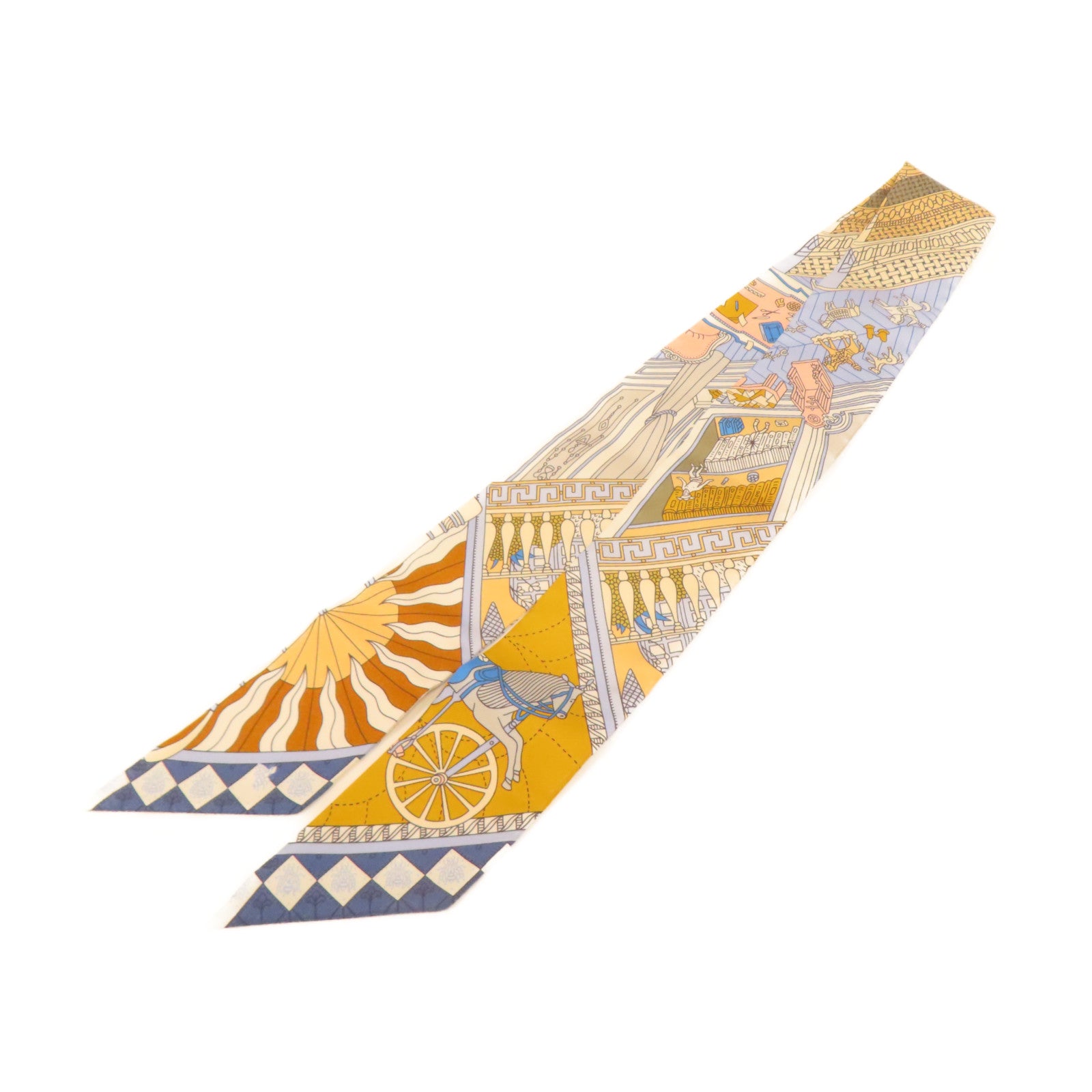 HERMES 絲質Twilly絲巾藍色/白色/米色