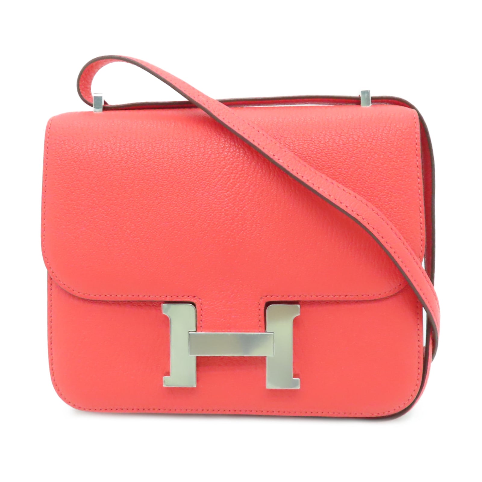 HERMES 【激減優惠】Myzore皮革Mini Constance銀扣肩背袋Rose Mexico墨西哥玫瑰粉