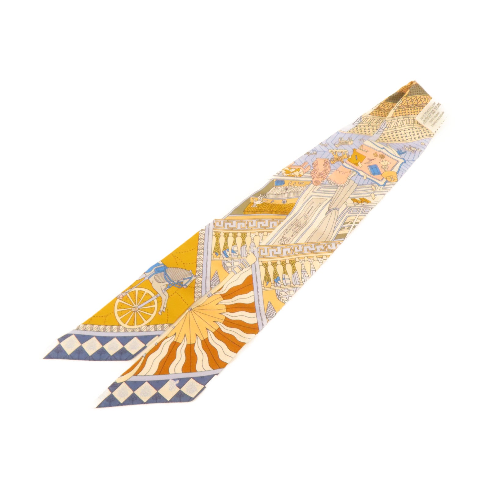 HERMES 絲質Twilly絲巾藍色/白色/米色