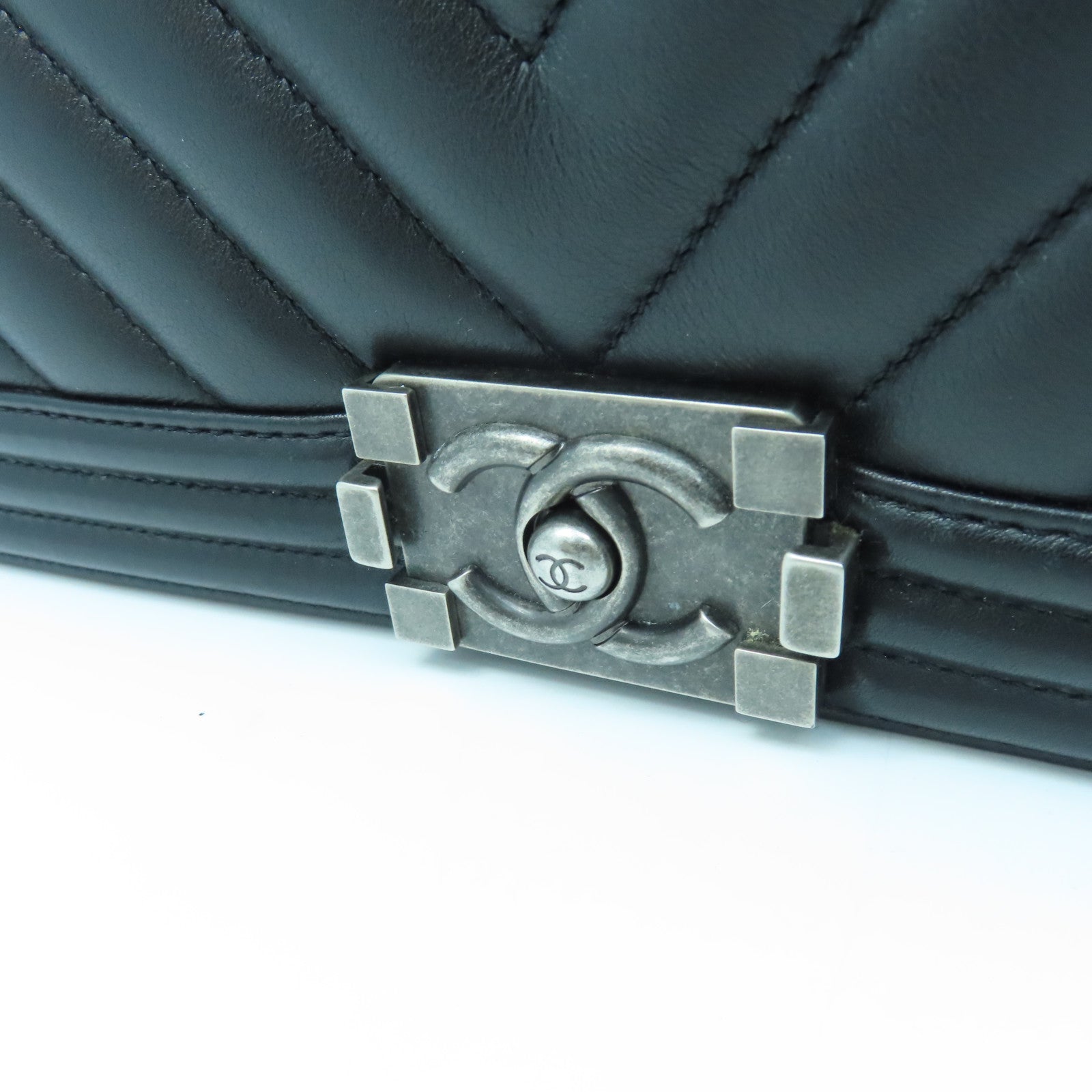 CHANEL Twill Sheepskin Leather Boy 25 Silver Buckle Shoulder Bag Black