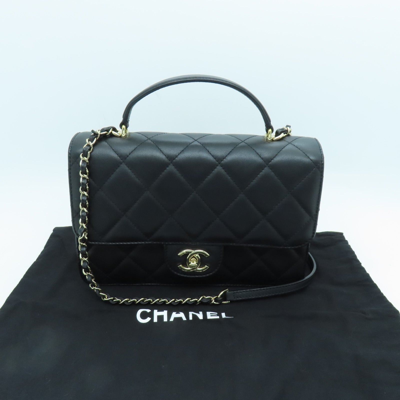 CHANEL 菱格牛革皮皮革Flap Bag With Top Handle金扣手挽肩背兩用袋黑色