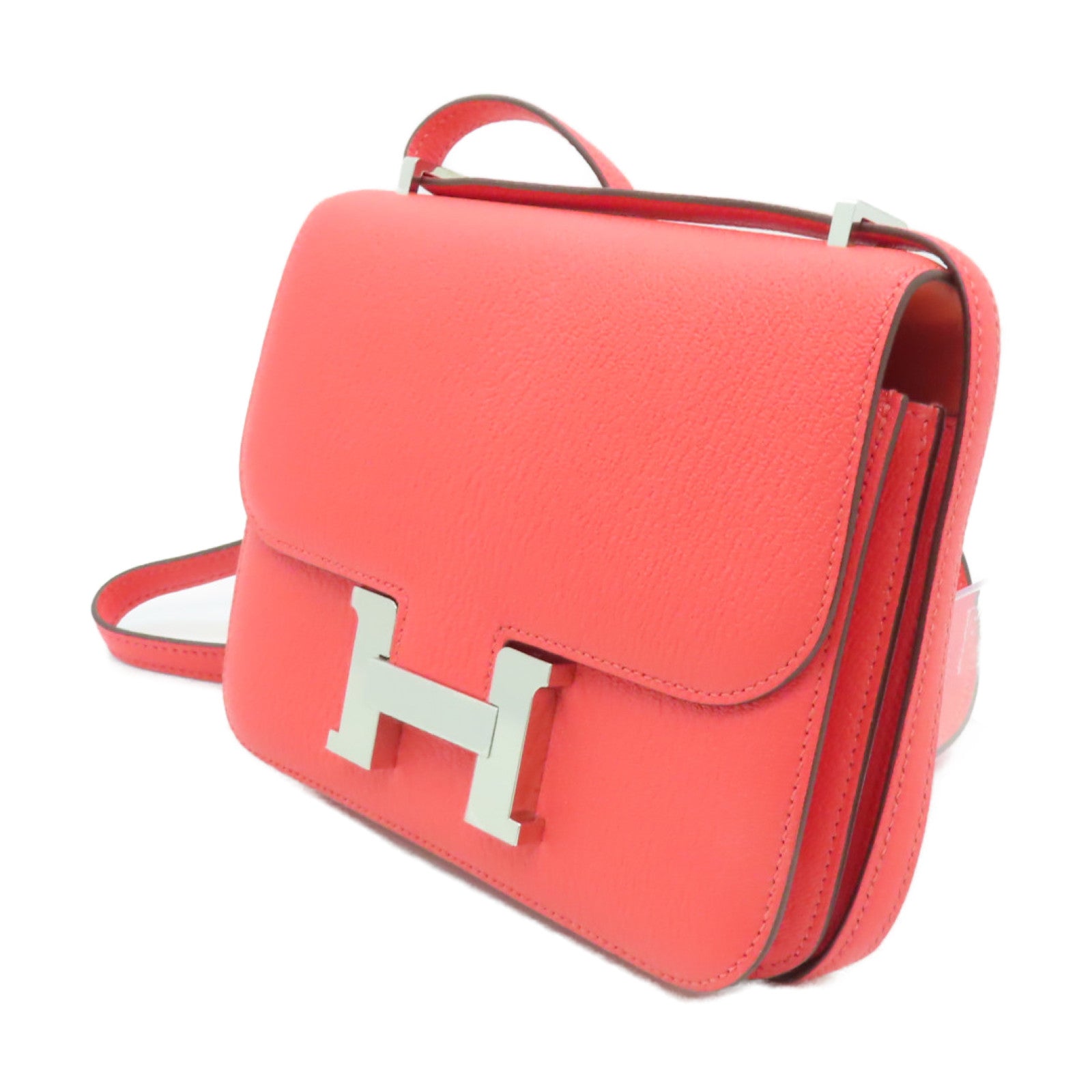 HERMES 【激減優惠】Myzore皮革Mini Constance銀扣肩背袋Rose Mexico墨西哥玫瑰粉