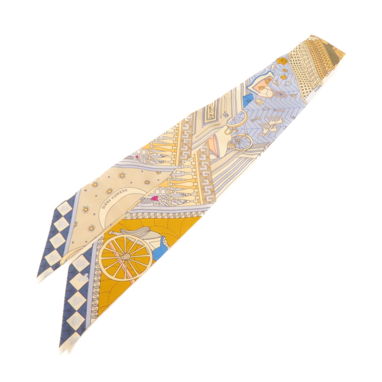 HERMES 絲質Twilly絲巾藍色/白色/米色