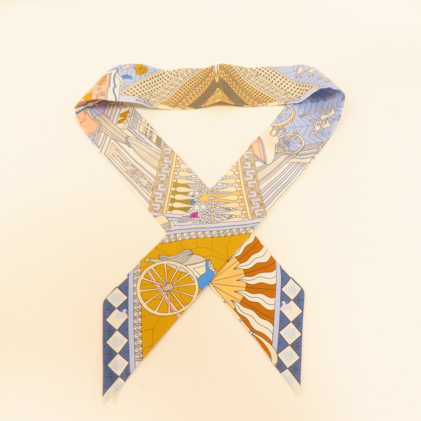 HERMES 絲質Twilly絲巾藍色/白色/米色