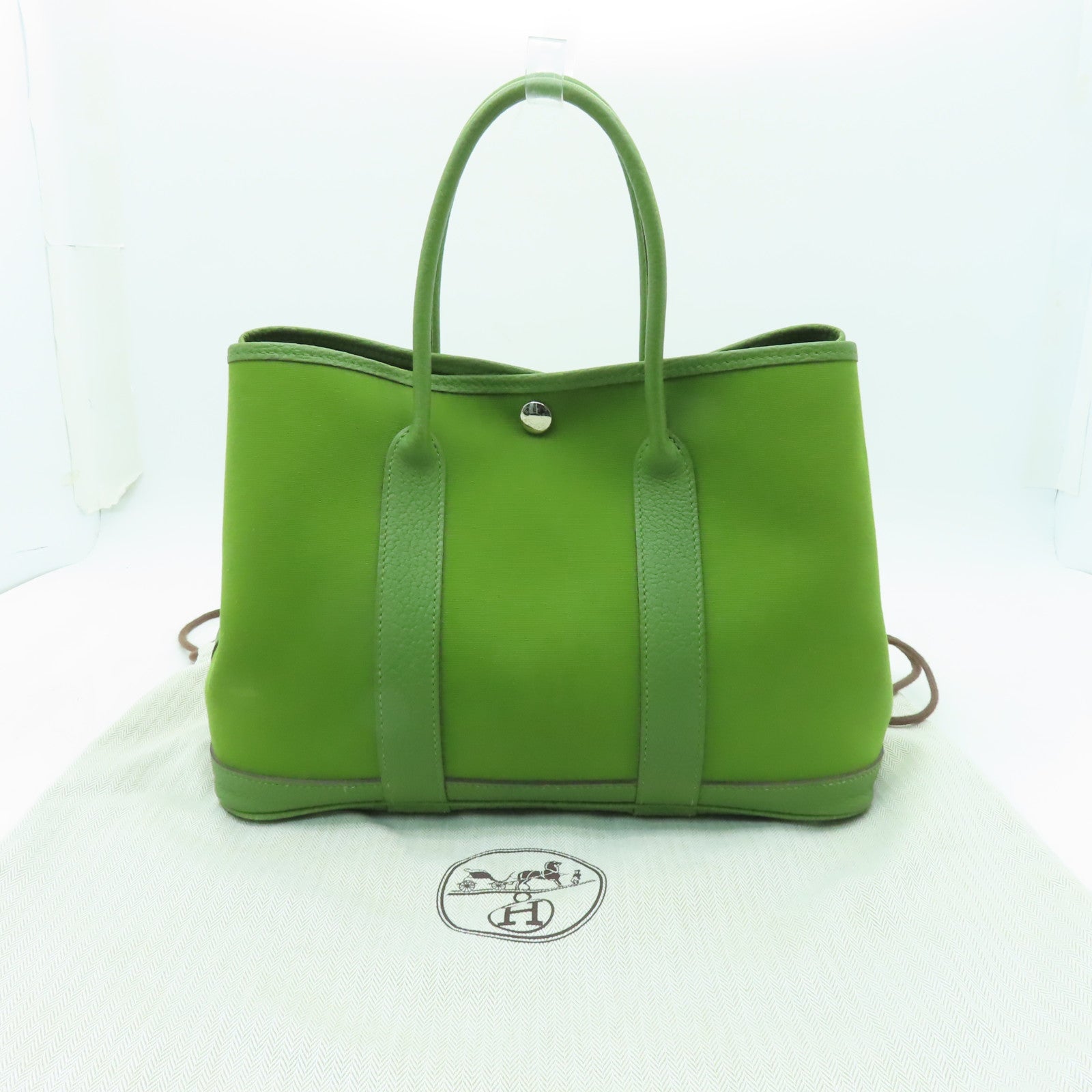 HERMES 帆布Garden Party TPM銀扣手挽袋綠色