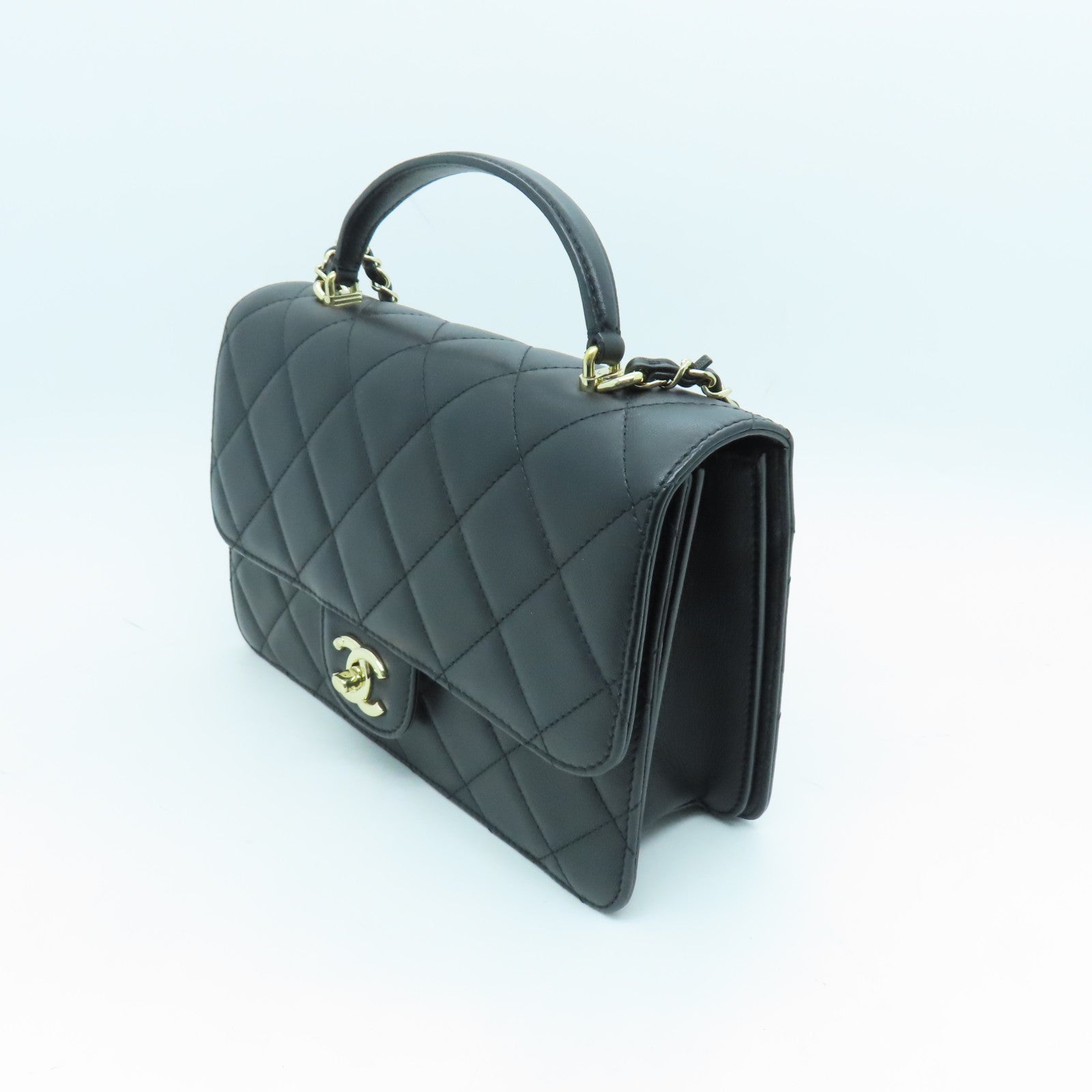 CHANEL 菱格牛革皮皮革Flap Bag With Top Handle金扣手挽肩背兩用袋黑色