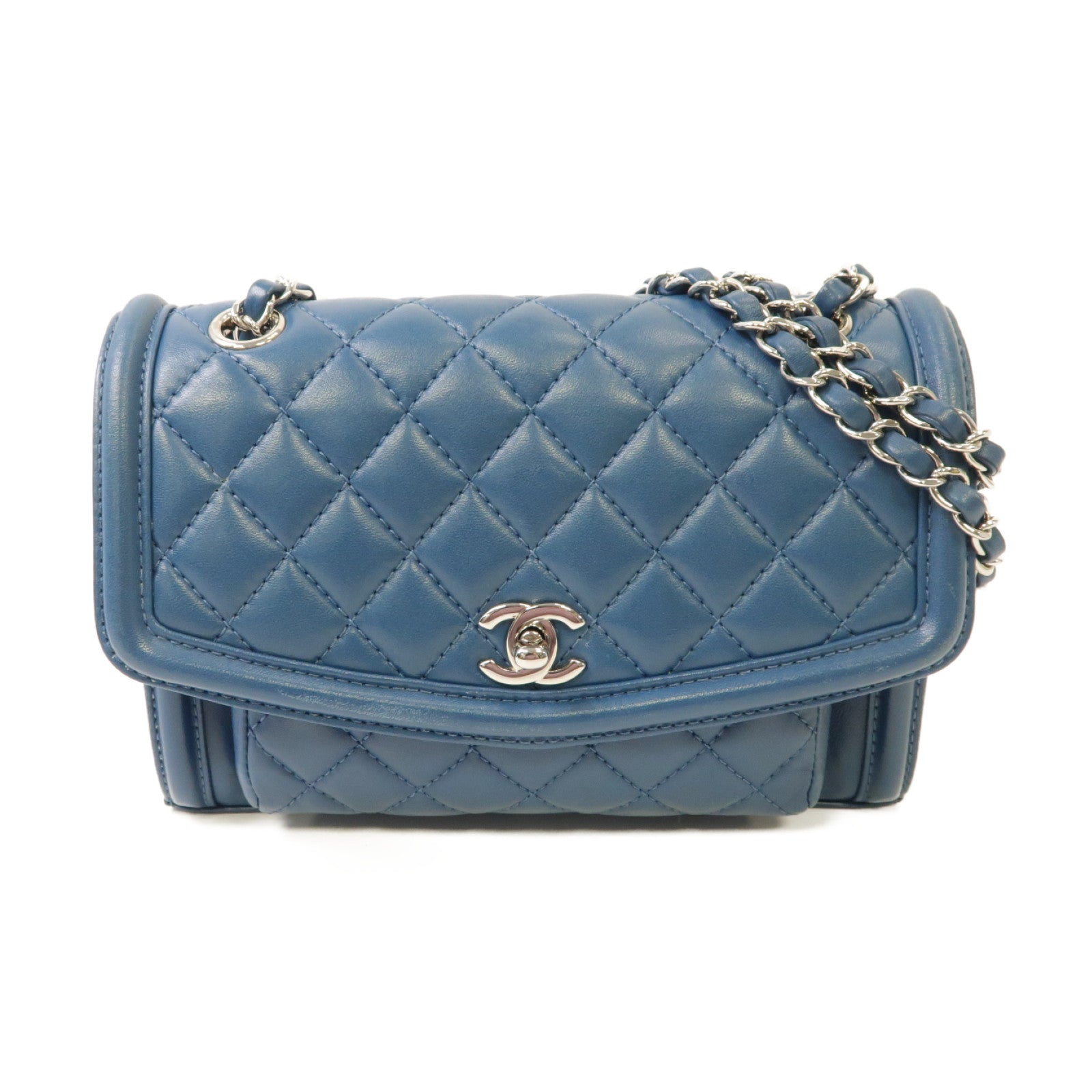 CHANEL 菱格羊皮皮革Chain Shoulder Bag銀扣鏈帶肩背袋藍色