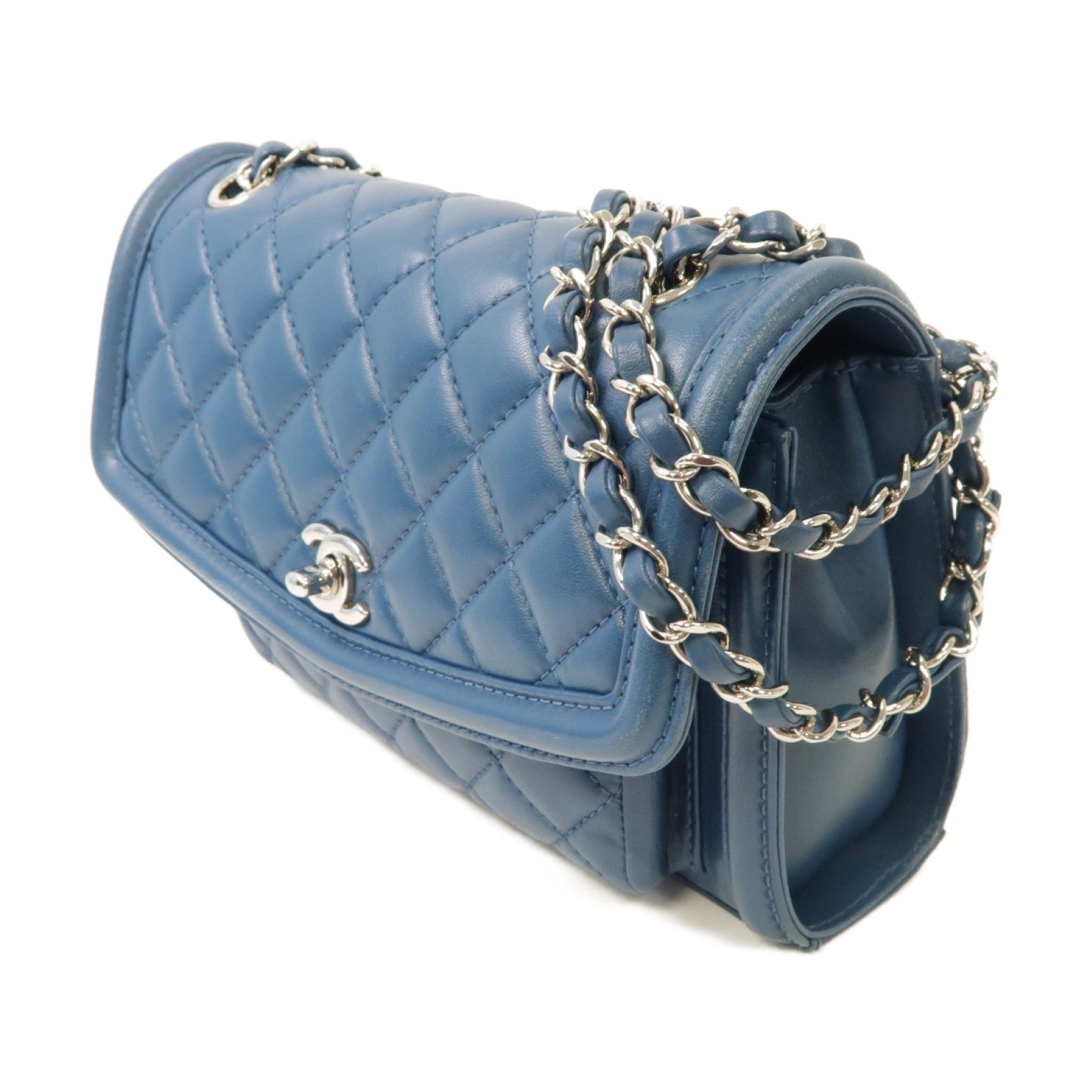 CHANEL 菱格羊皮皮革Chain Shoulder Bag銀扣鏈帶肩背袋藍色