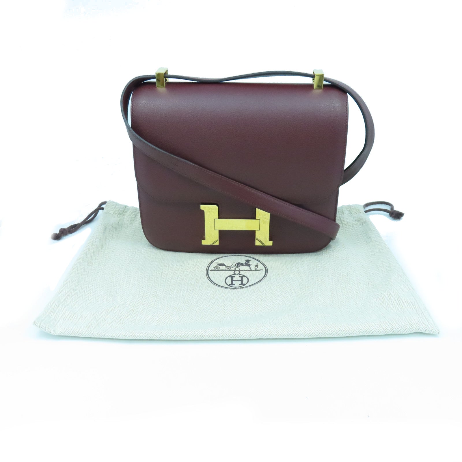 HERMES Evercolor Leather Constance 24 Gold Buckle Shoulder Bag Burgundy