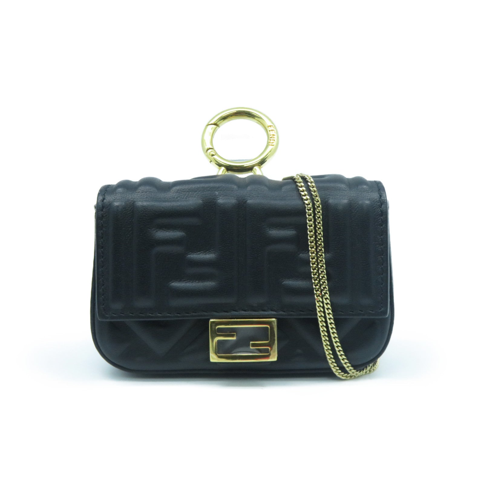 FENDI 牛皮皮革Card Case With Chain金扣鏈帶卡片套黑色
