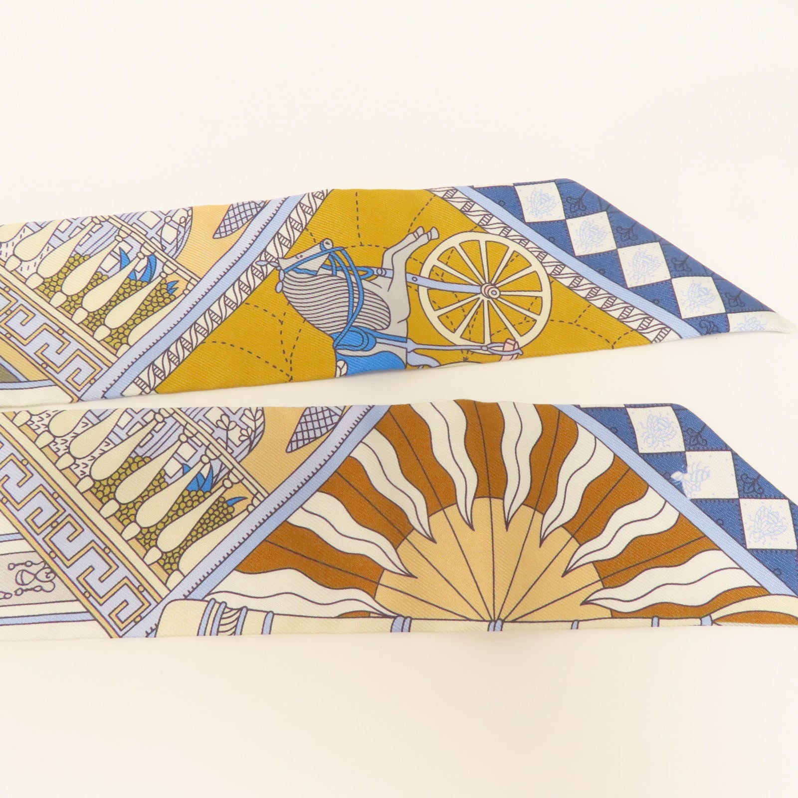 HERMES 絲質Twilly絲巾藍色/白色/米色