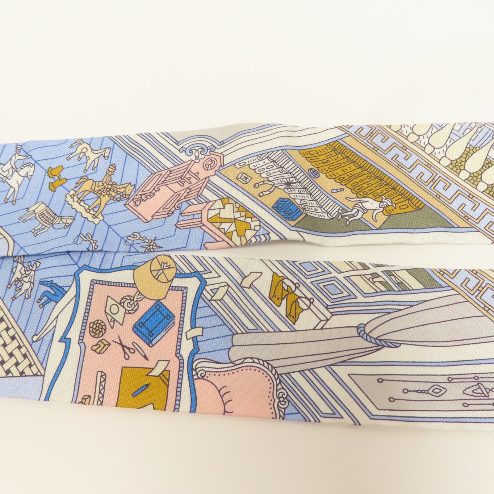 HERMES 絲質Twilly絲巾藍色/白色/米色