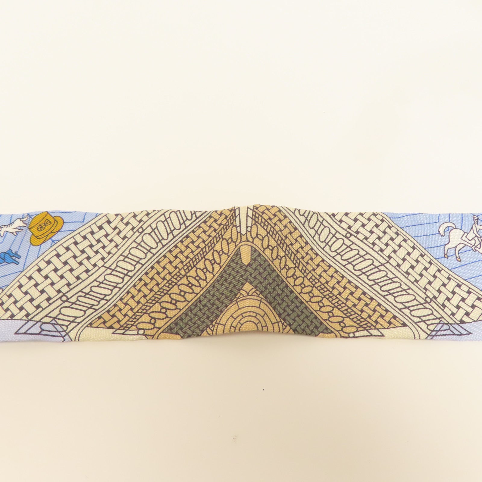 HERMES 絲質Twilly絲巾藍色/白色/米色