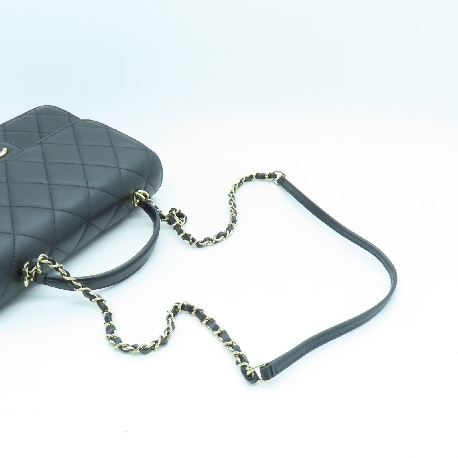 CHANEL 菱格牛革皮皮革Flap Bag With Top Handle金扣手挽肩背兩用袋黑色
