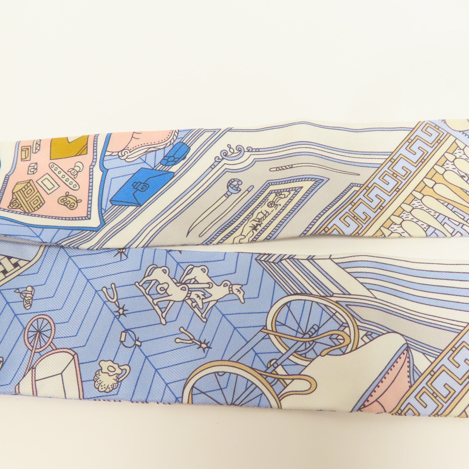 HERMES 絲質Twilly絲巾藍色/白色/米色