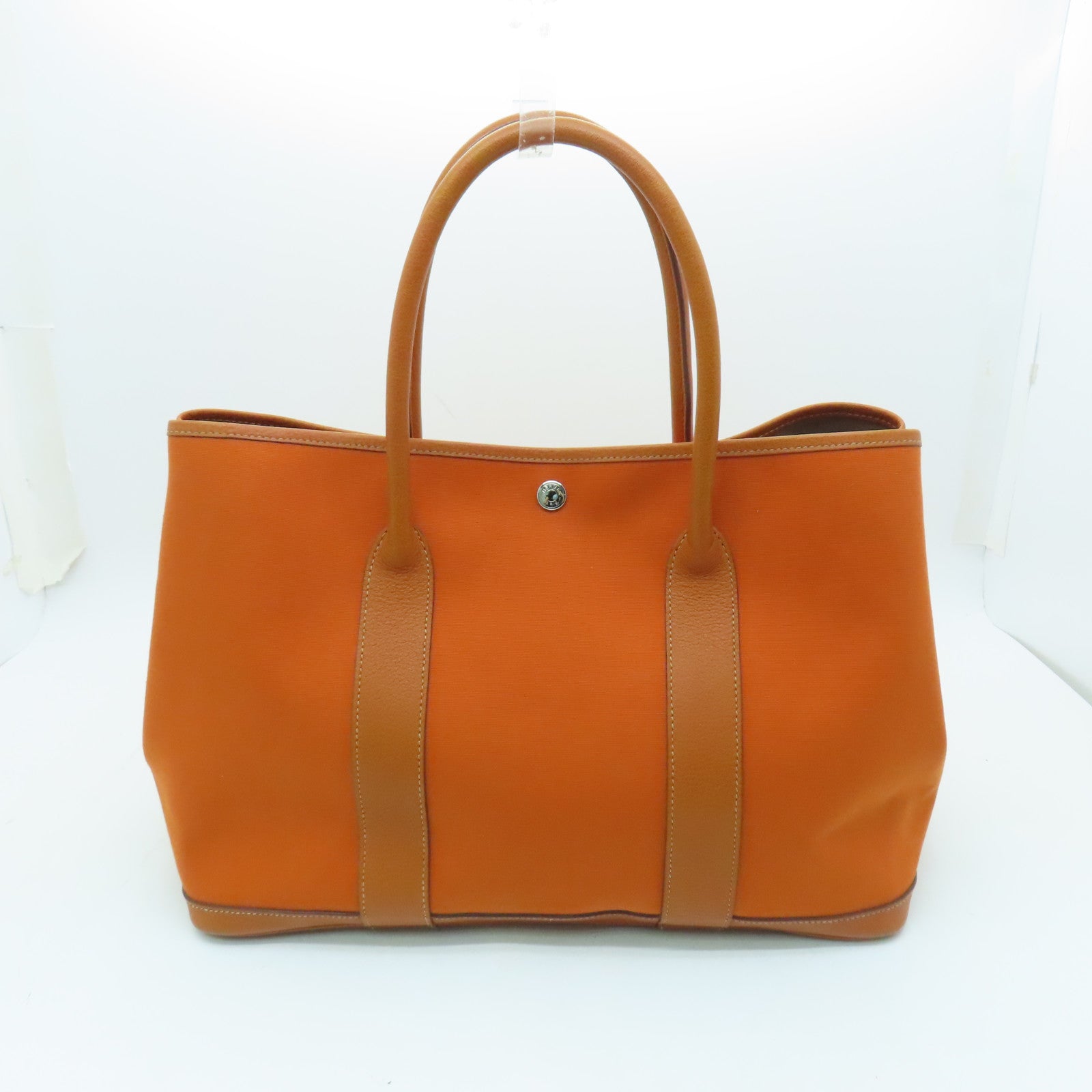 HERMES Canvas Garden Party PM Silver Button Handle Bag Orange