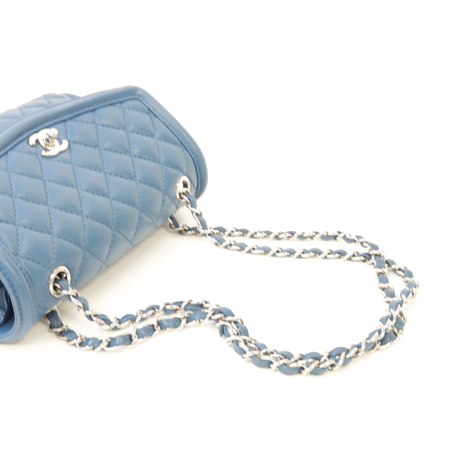 CHANEL 菱格羊皮皮革Chain Shoulder Bag銀扣鏈帶肩背袋藍色
