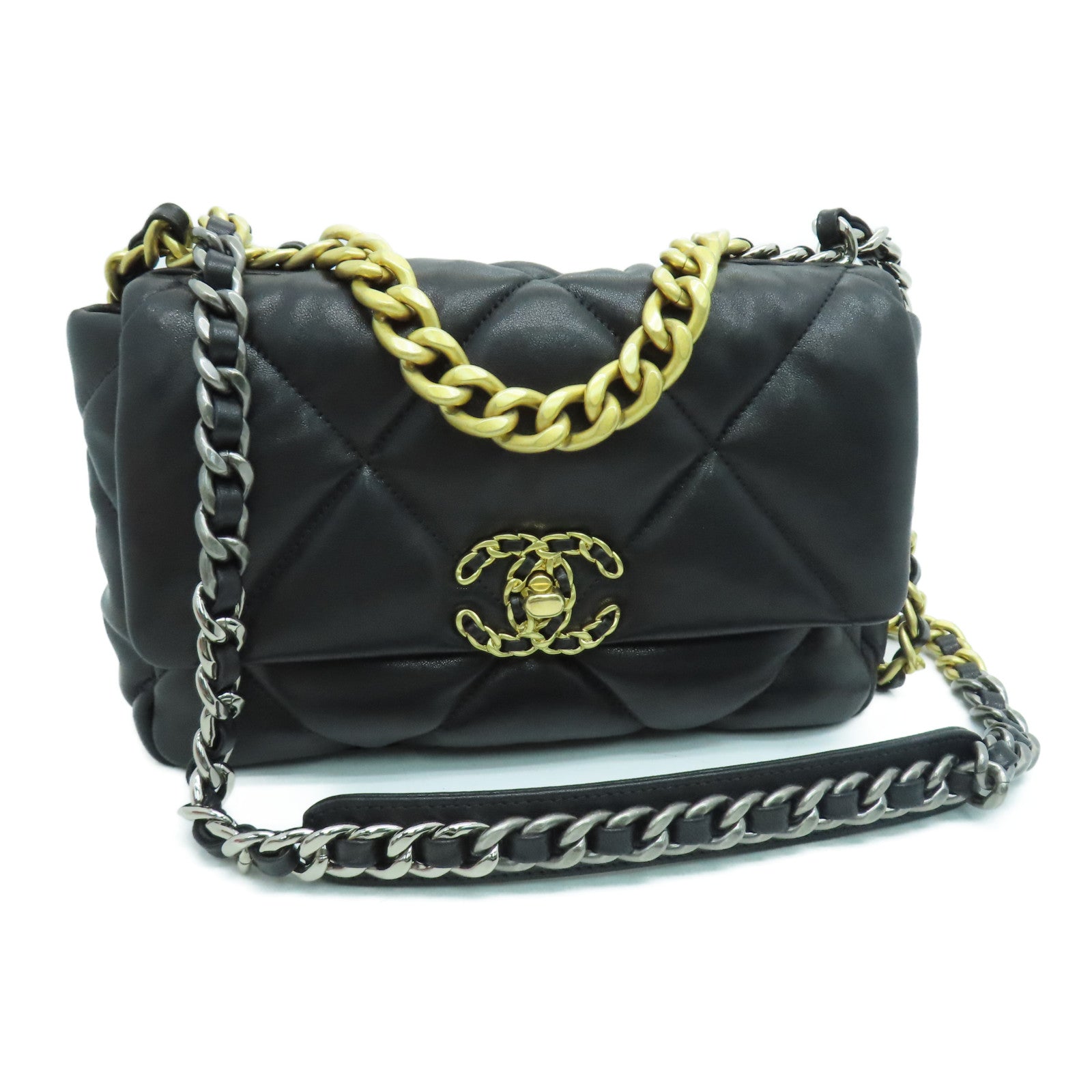 CHANEL 菱格羊皮皮革Chain Shoulder金扣手挽肩背两用袋黑色