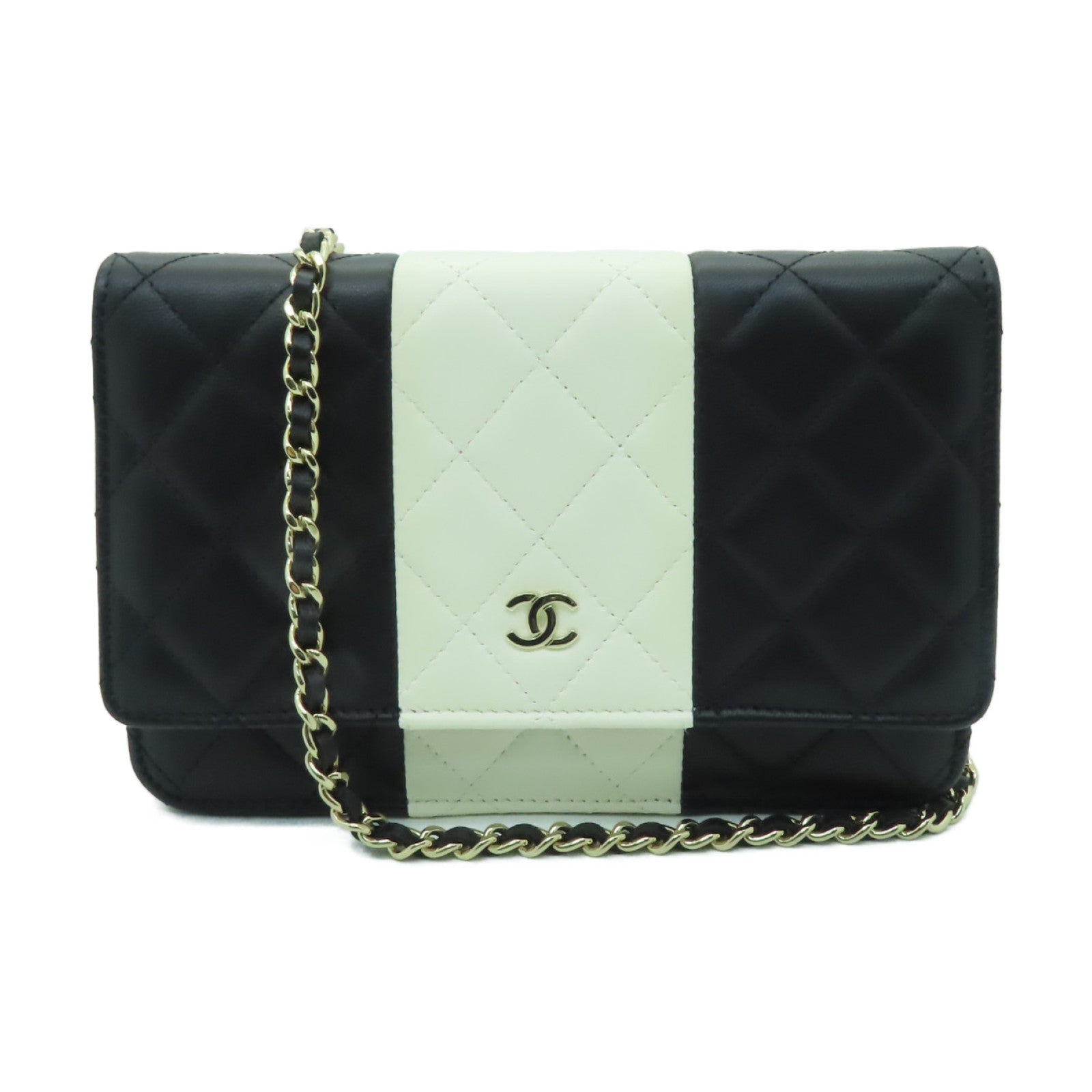 CHANEL 菱格羊皮皮革Wallet On Chain Shoulder Bag金扣鏈帶肩背袋黒色/白色