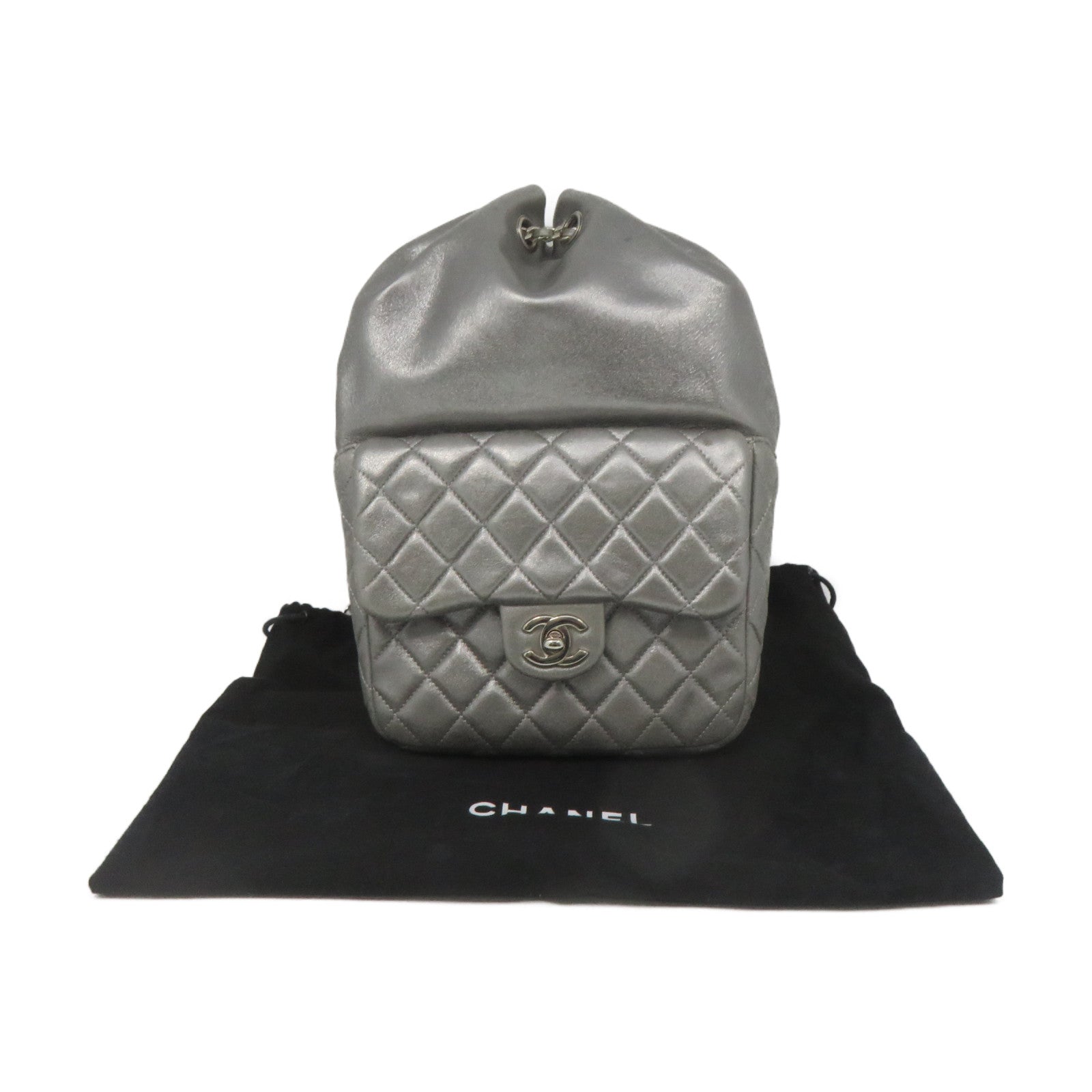 CHANEL 菱格牛皮皮革Backpack銀扣鏈帶背包銀色