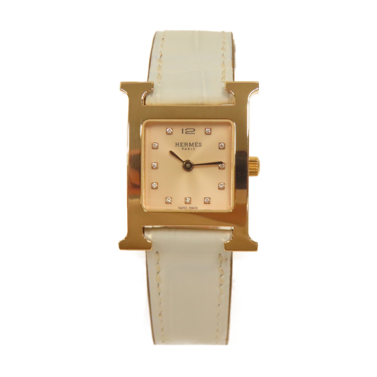 HERMES 不鏽鋼/皮革H Watch皮帶手錶霧藍色/米色#16cm