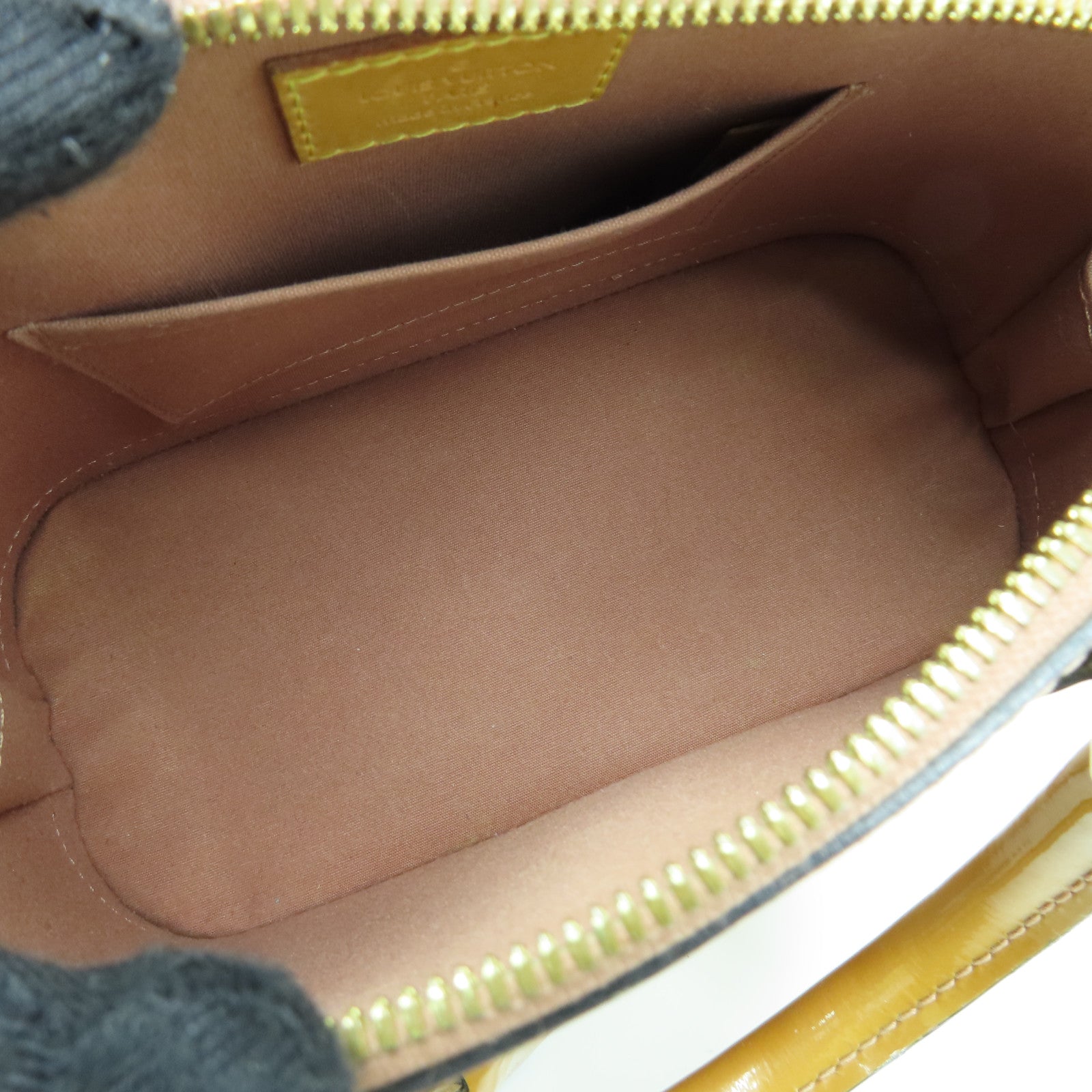 LOUIS VUITTON Monogram Vernis Alma BB gold buckle handle shoulder bag brown