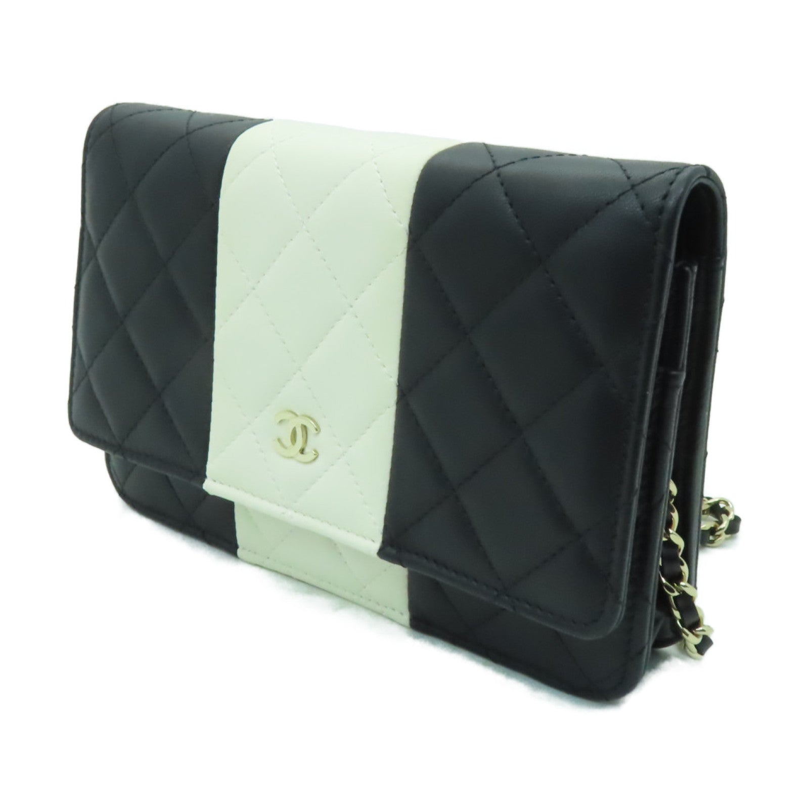 CHANEL 菱格羊皮皮革Wallet On Chain Shoulder Bag金扣鏈帶肩背袋黒色/白色