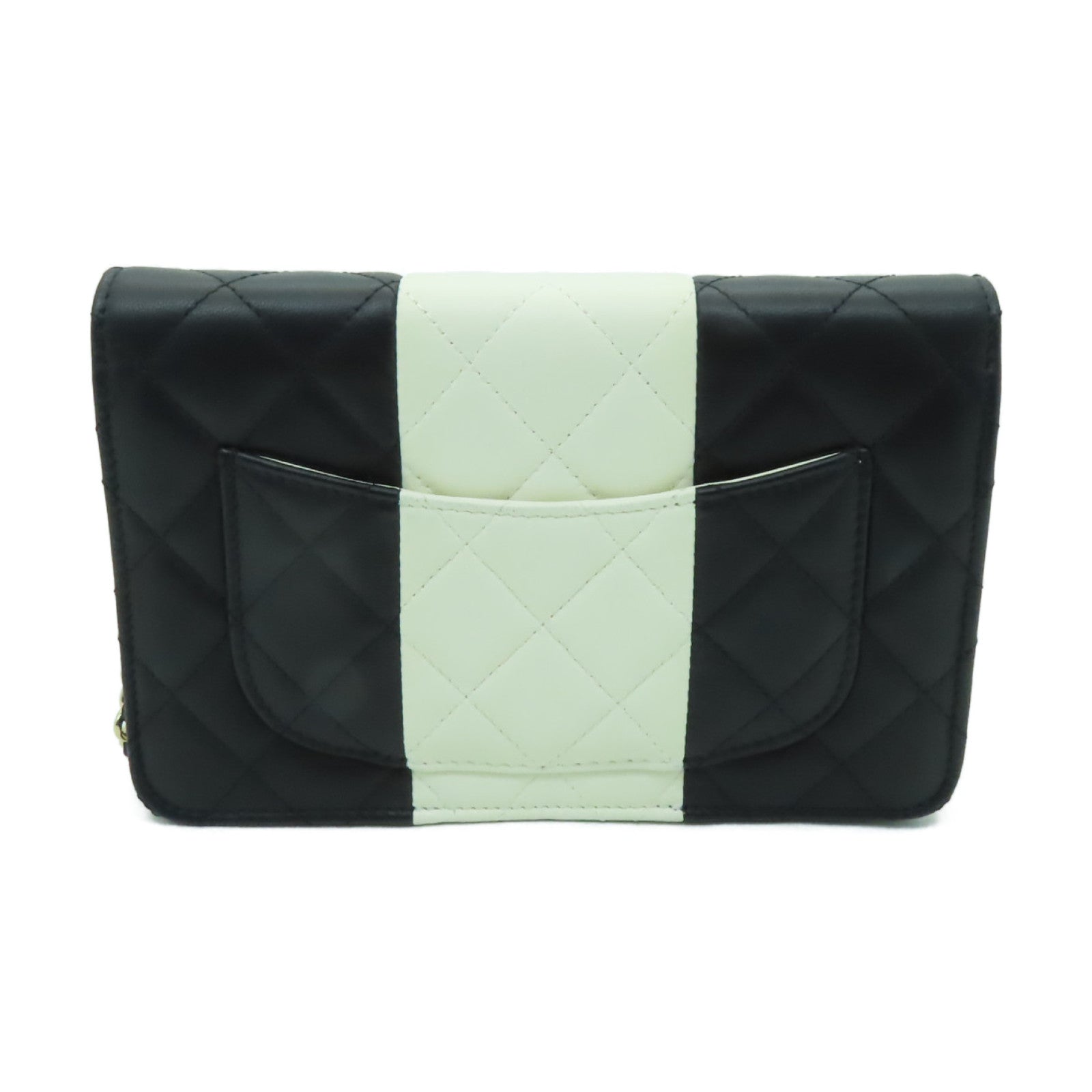 CHANEL 菱格羊皮皮革Wallet On Chain Shoulder Bag金扣鏈帶肩背袋黒色/白色