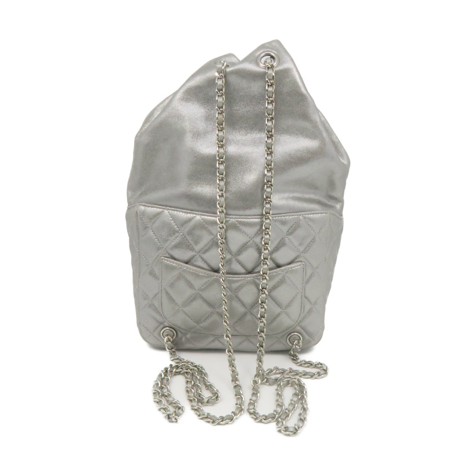 CHANEL 菱格牛皮皮革Backpack銀扣鏈帶背包銀色