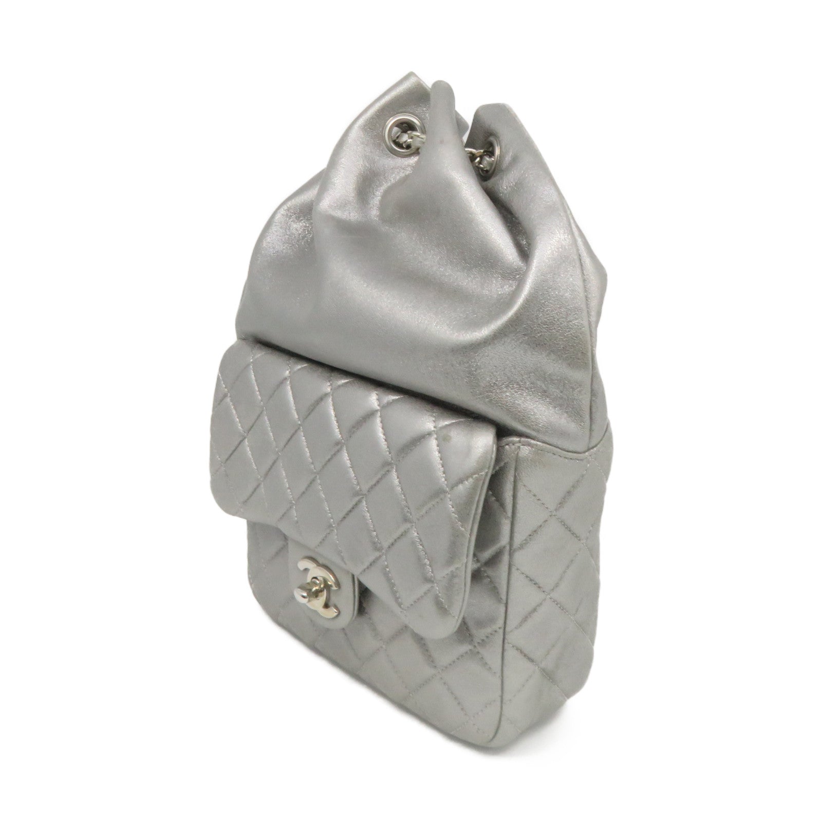 CHANEL 菱格牛皮皮革Backpack銀扣鏈帶背包銀色