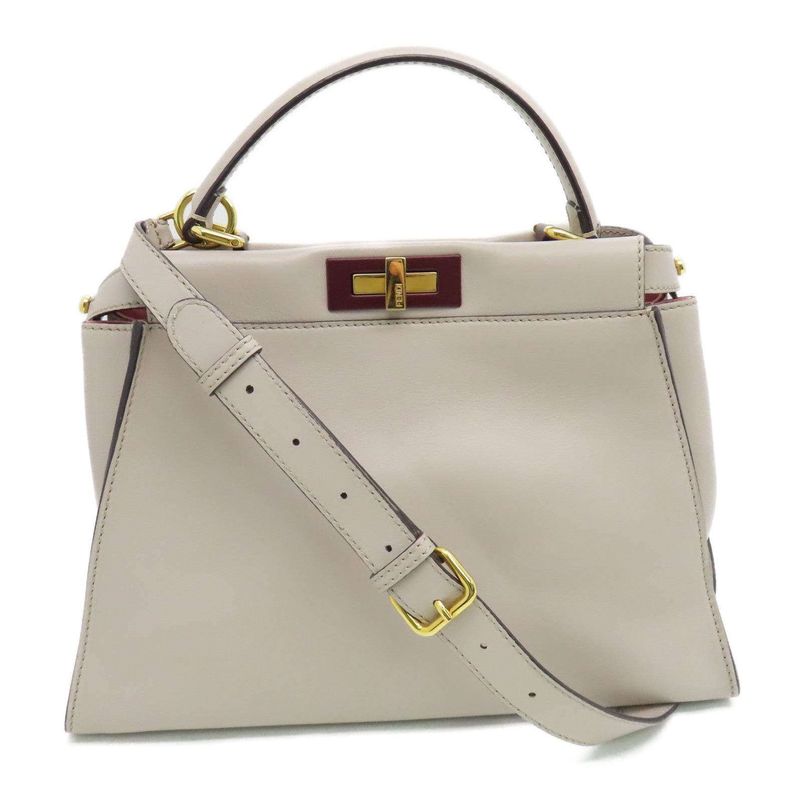 FENDI 【激減優惠】牛皮皮革Peekaboo金扣手挽肩背兩用袋米色