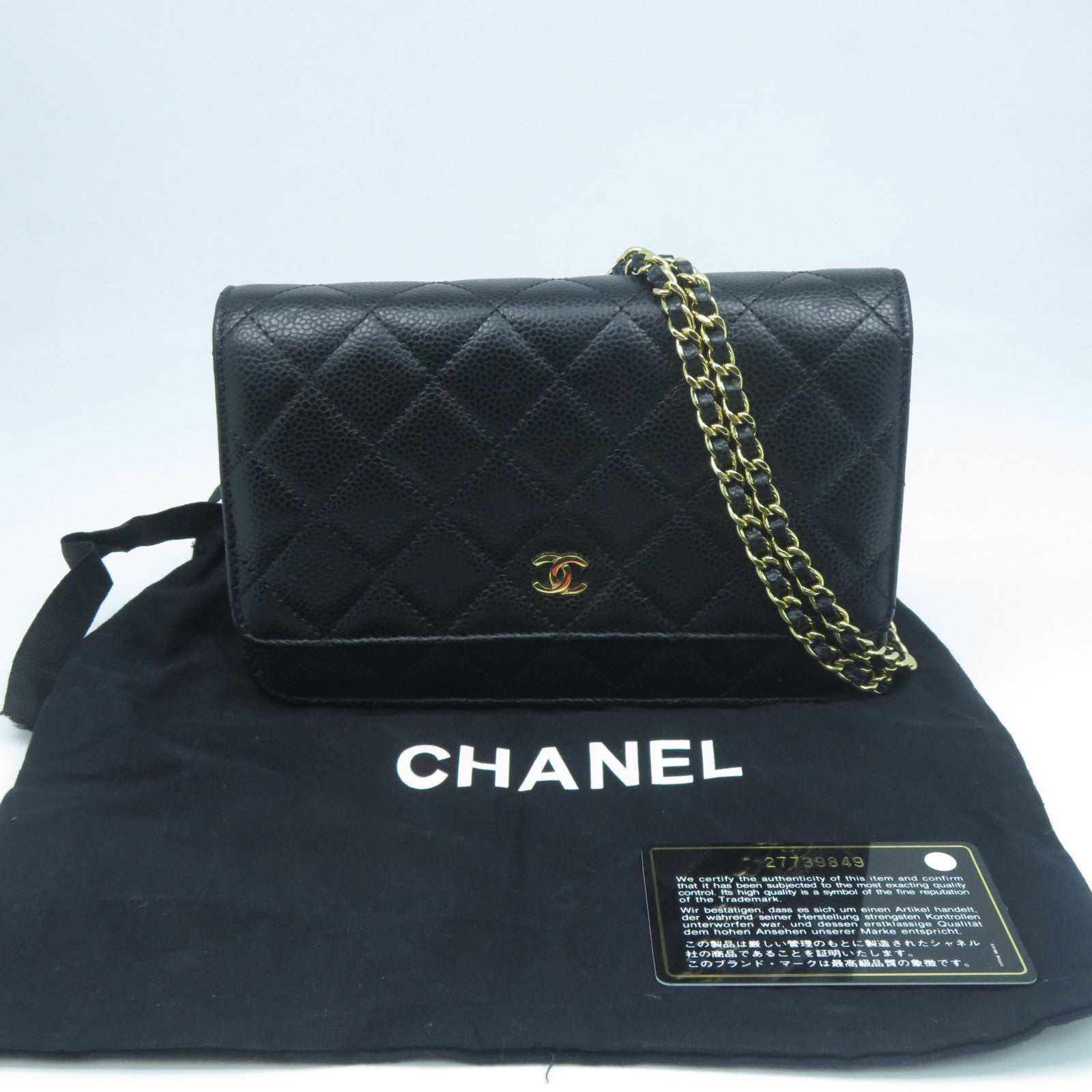 CHANEL 菱格Caviar皮革Wallet On Chain金扣鏈帶肩背袋黑色